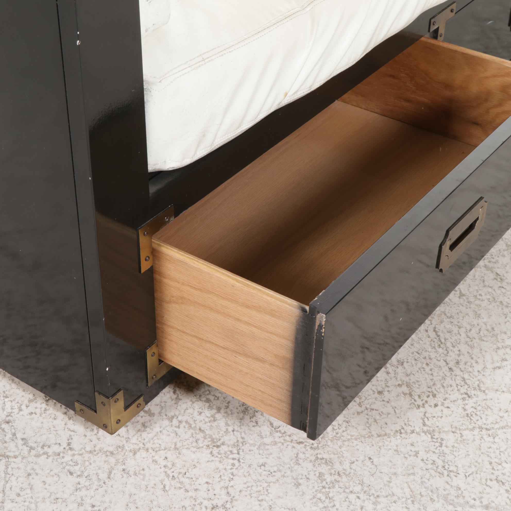 Campaign Style Ebonized Wood Daybed Sofa with Drawers, Late 20th Century