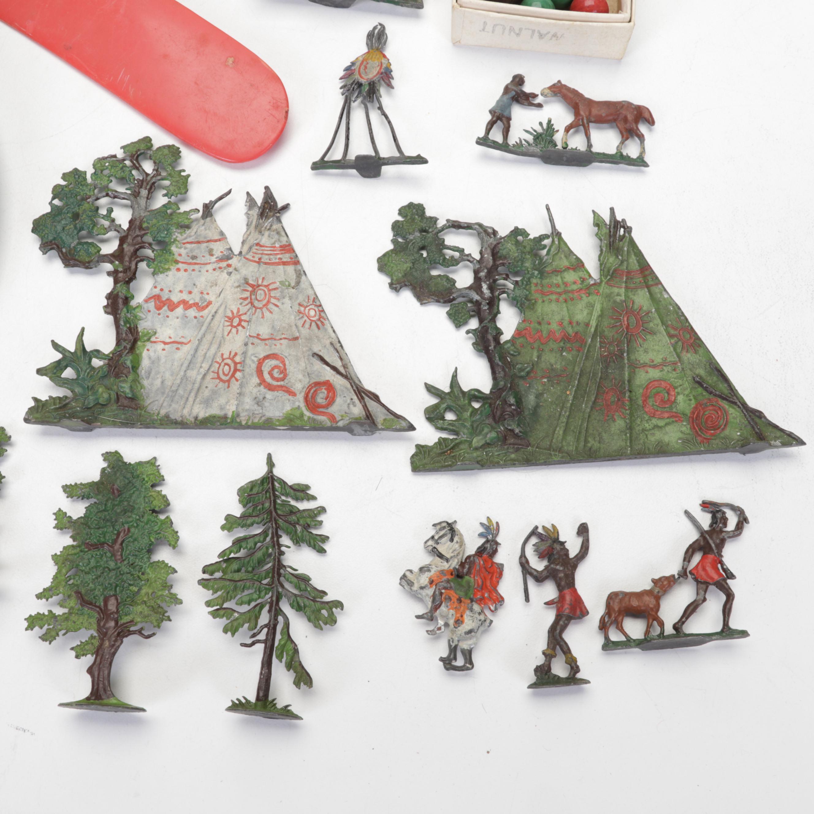 Metal Native American Toy Figurines, Marbles, VW Beetle, and More Toys and Books