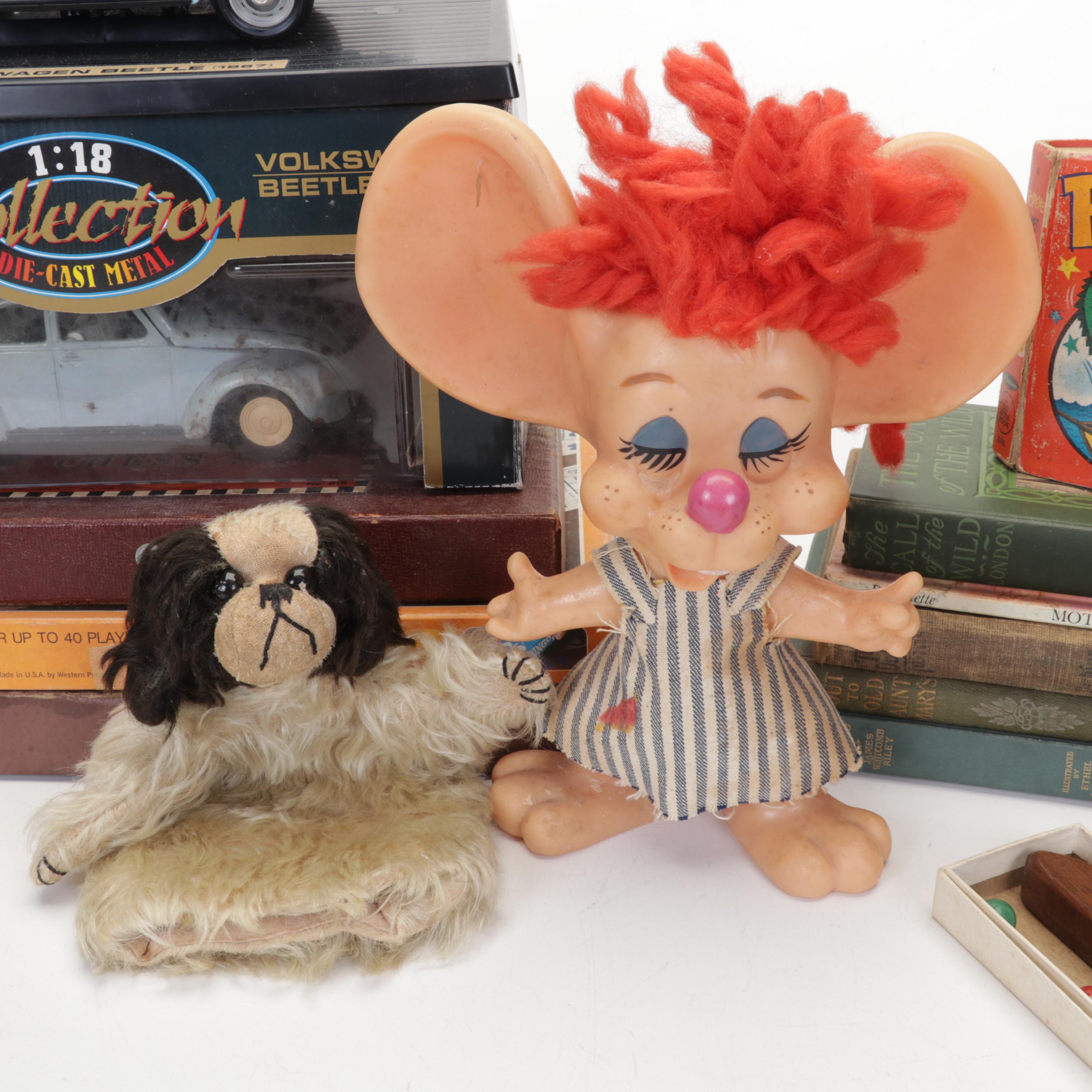 Metal Native American Toy Figurines, Marbles, VW Beetle, and More Toys and Books