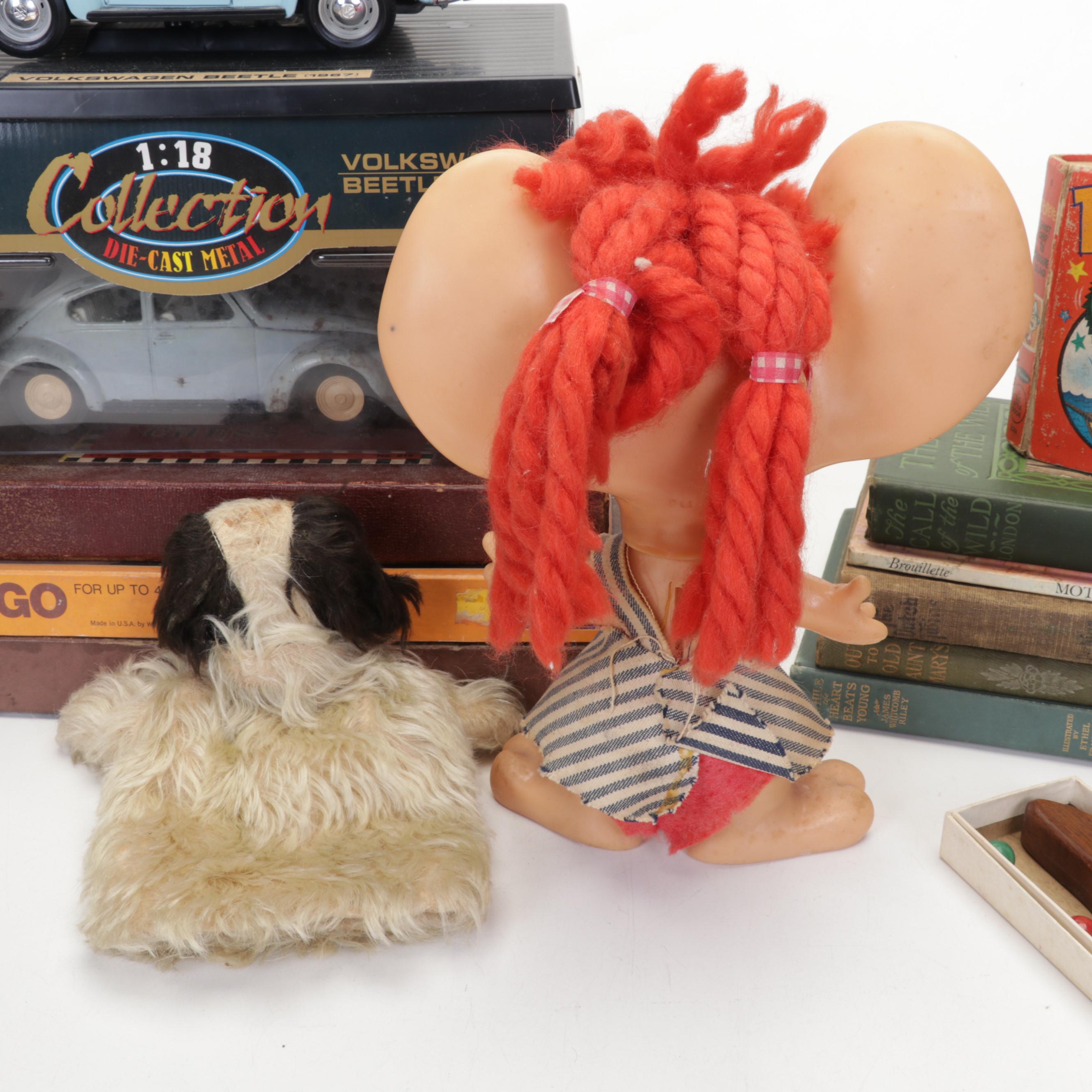 Metal Native American Toy Figurines, Marbles, VW Beetle, and More Toys and Books
