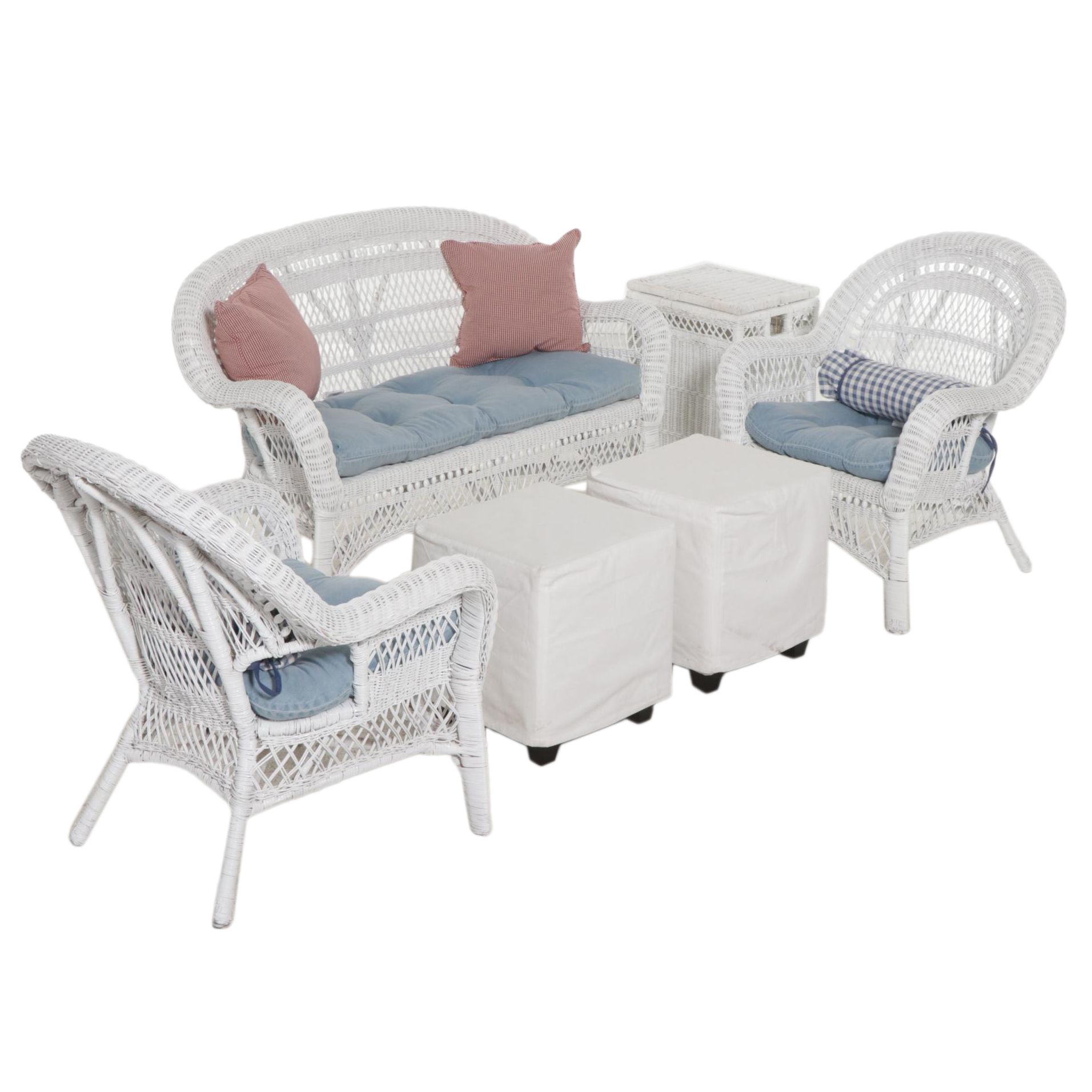 Wicker Loveseat, Armchairs and Rocker with Pottery Barn Footstools, 21st Century