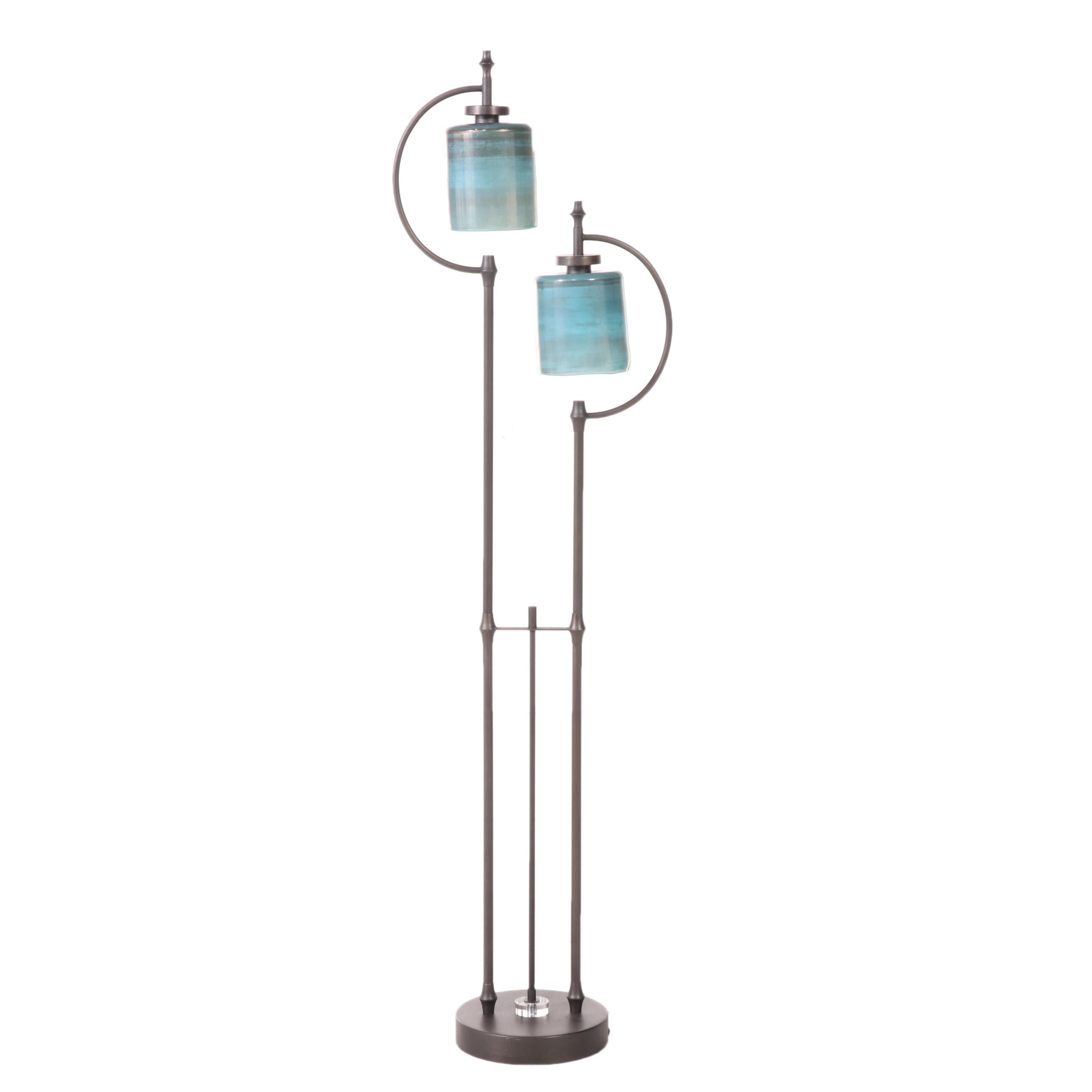 Modernist Style Patinated Metal, Acrylic and Glass Two-Light Floor Lamp