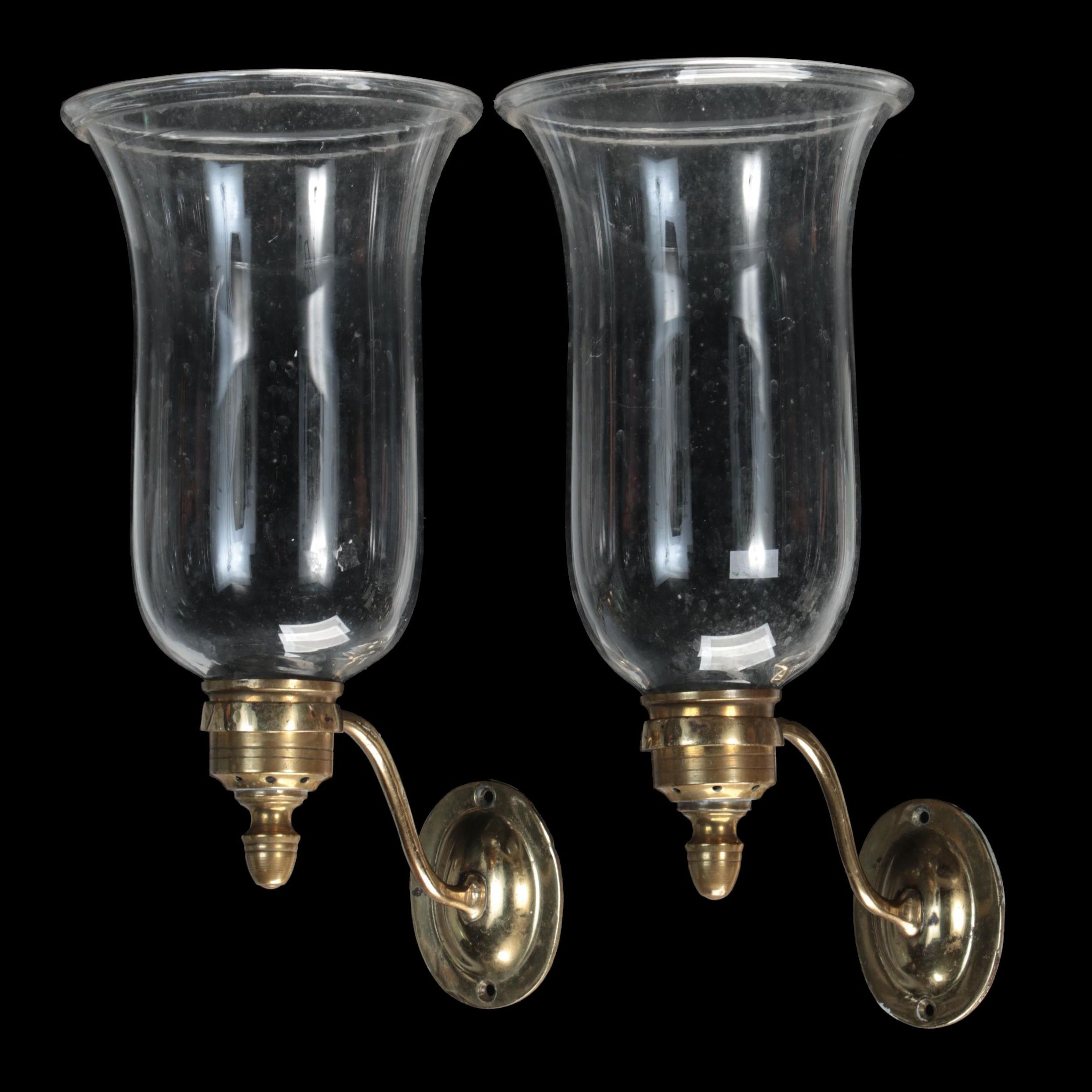 Pair of Regency Brass Wall Candle Sconces with Glass Hurricane Shades, 19th C.