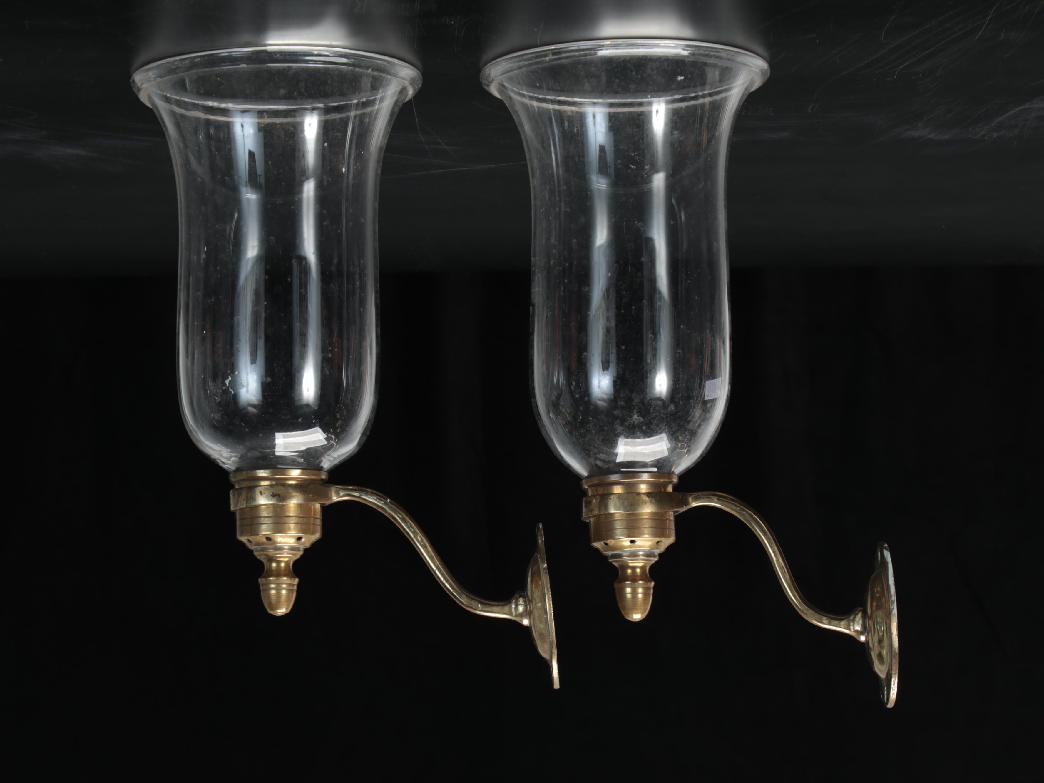 Pair of Regency Brass Wall Candle Sconces with Glass Hurricane Shades, 19th C.