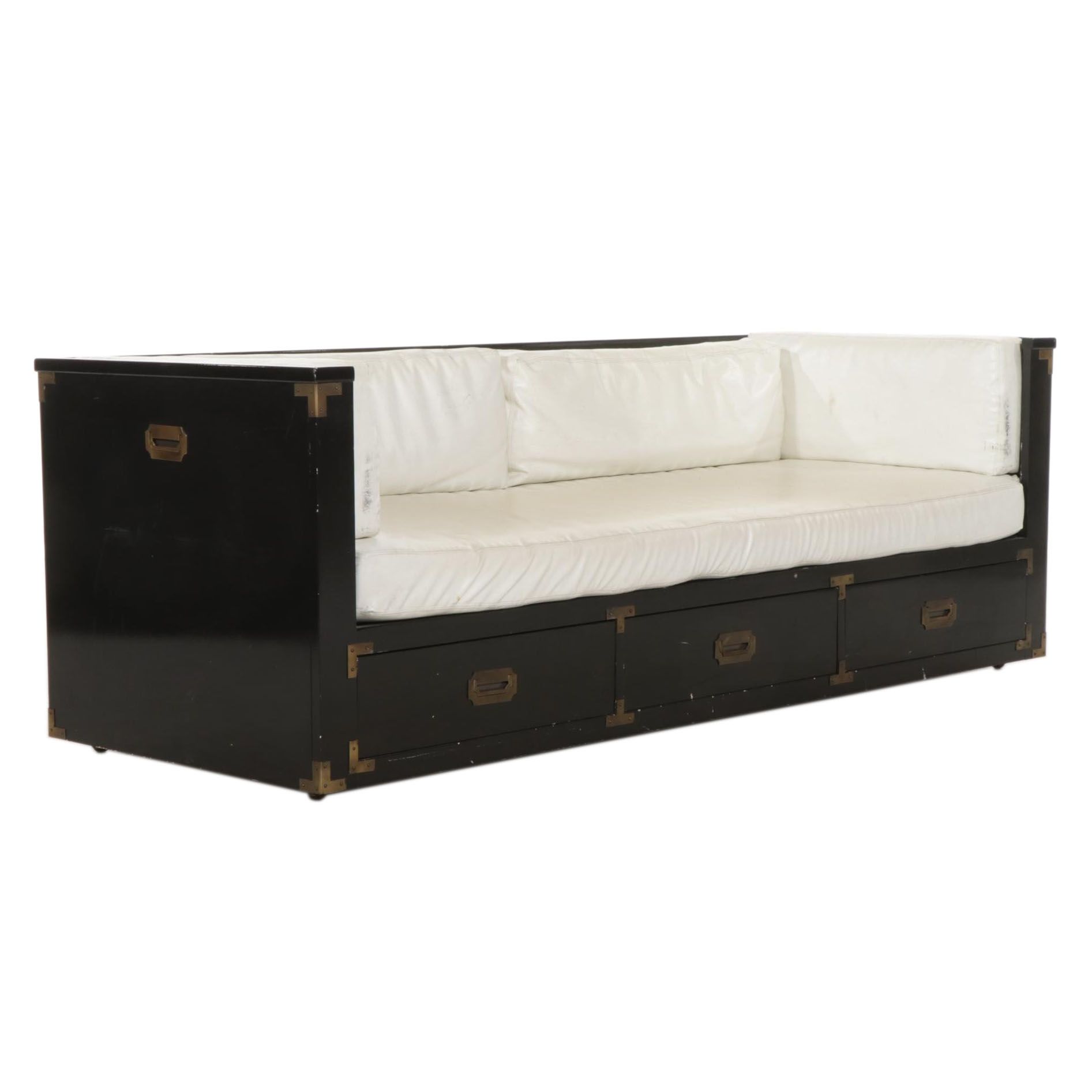 Campaign Style Ebonized Wood Daybed Sofa with Drawers, Late 20th Century