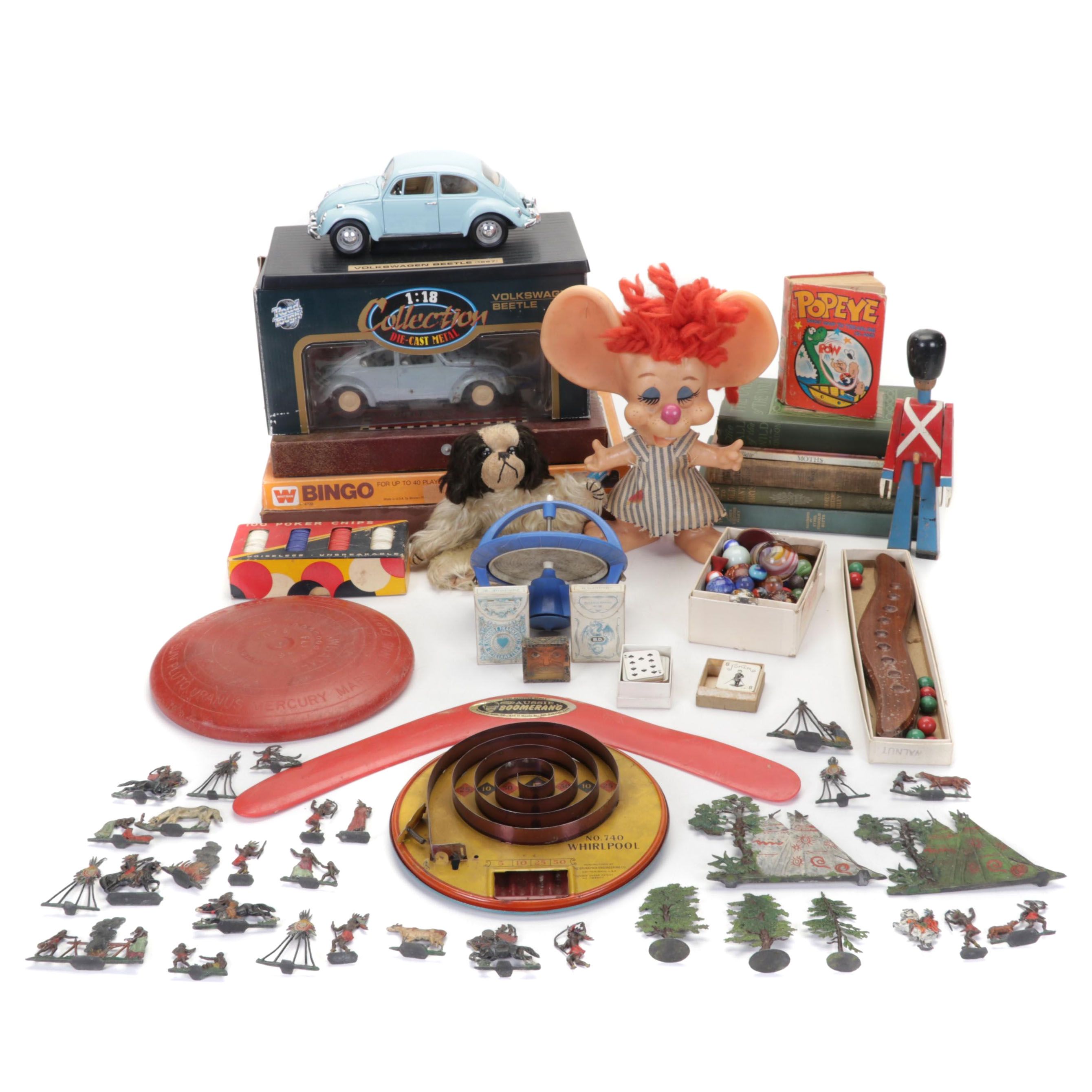 Metal Native American Toy Figurines, Marbles, VW Beetle, and More Toys and Books