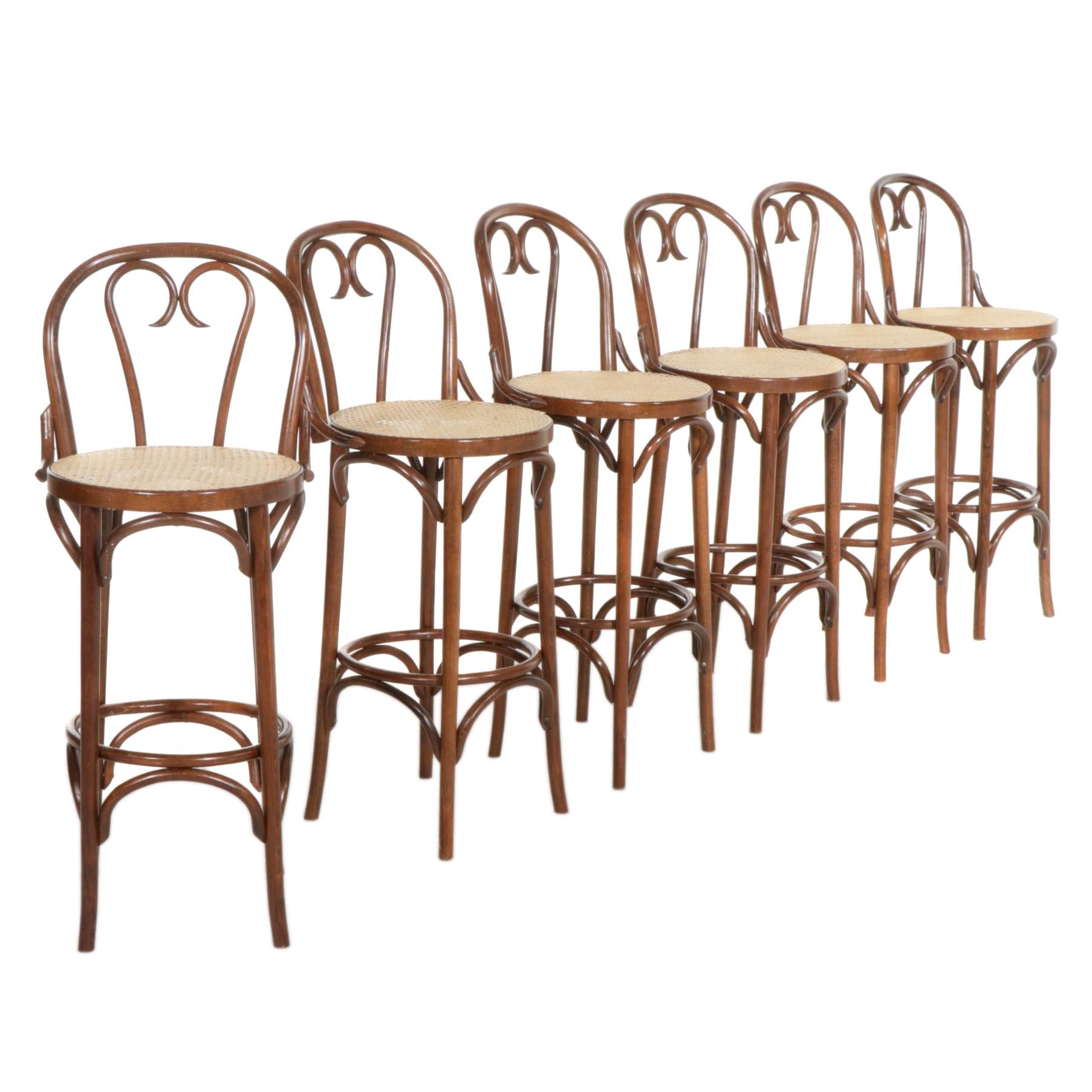 Six Romanian Bentwood Barstools with Cane Seats, Late 20th Century