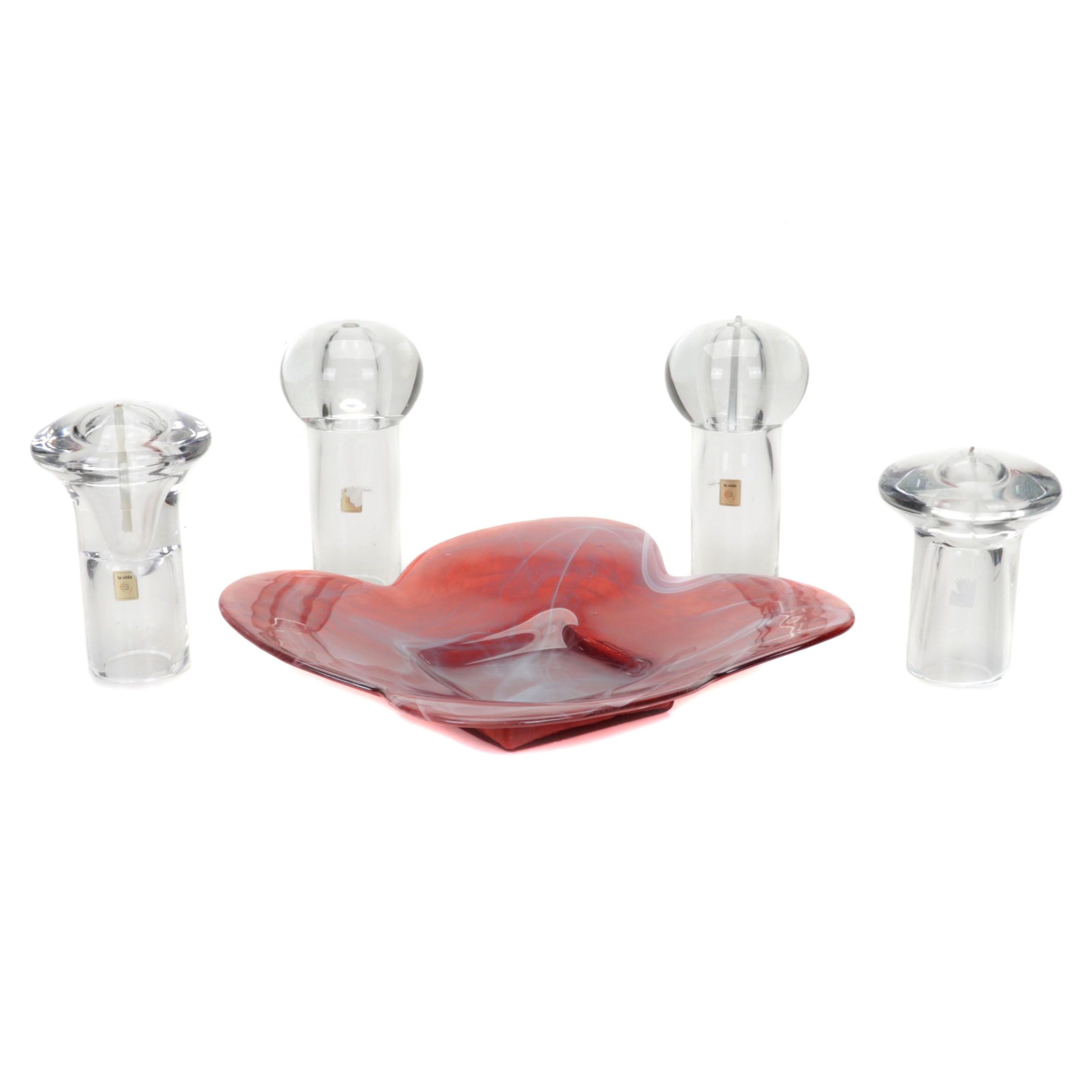 Crimson Swirl Spanish Art Glass Centerpiece Bowl & La Vida Polish Oil Lamps