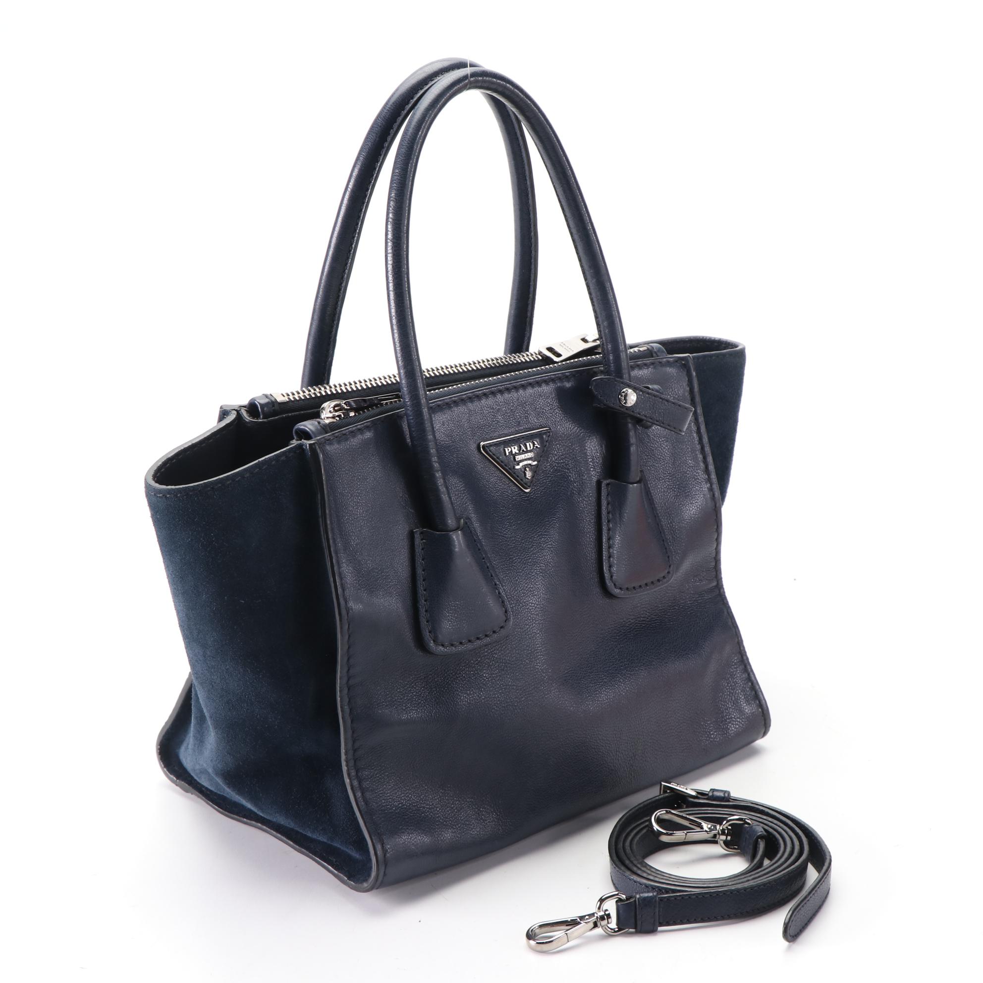 Prada Twin Pocket Tote Small in Baltico Glace Calf and Suede