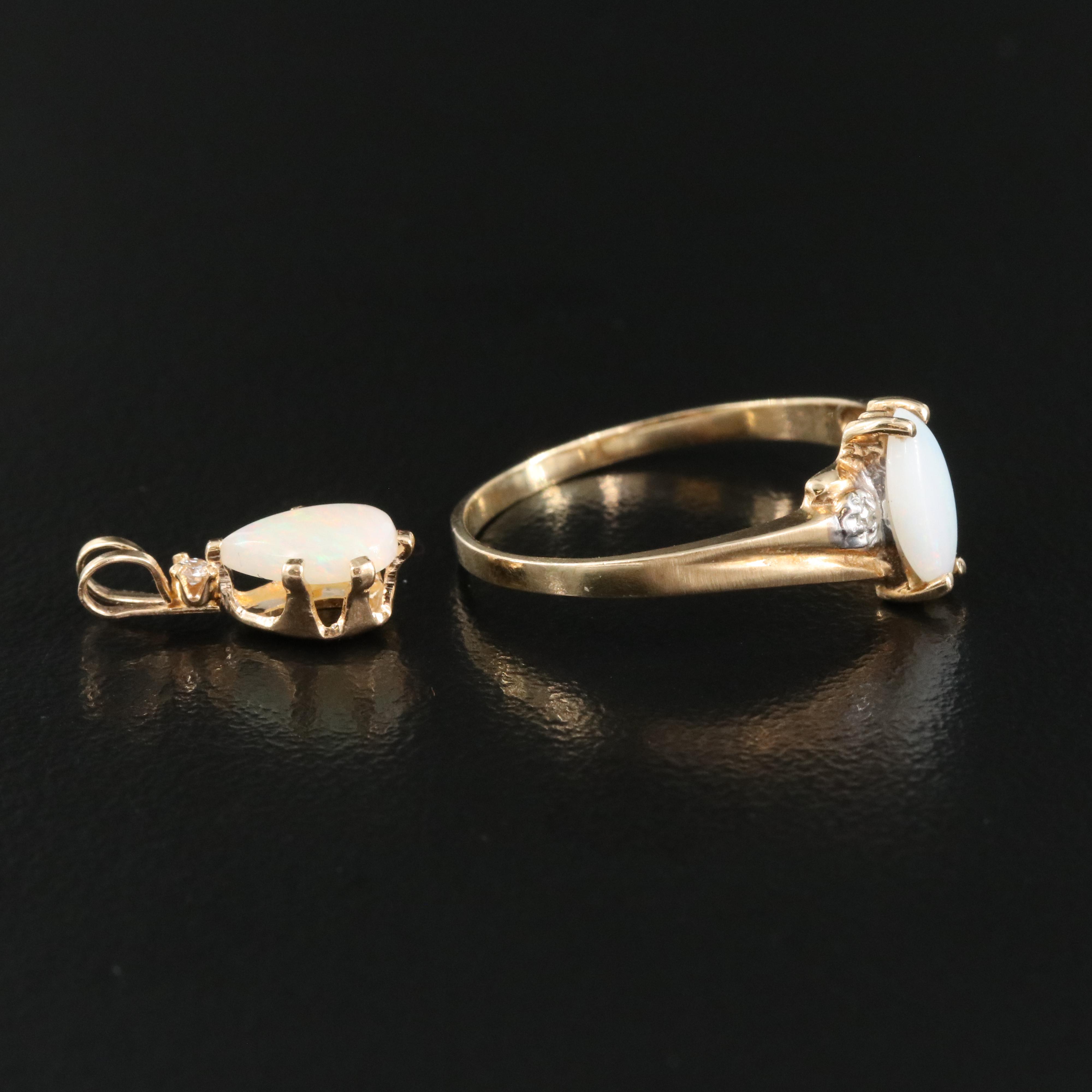 14K Opal and Diamond Pendant Paired with 10K Opal and Diamond Ring