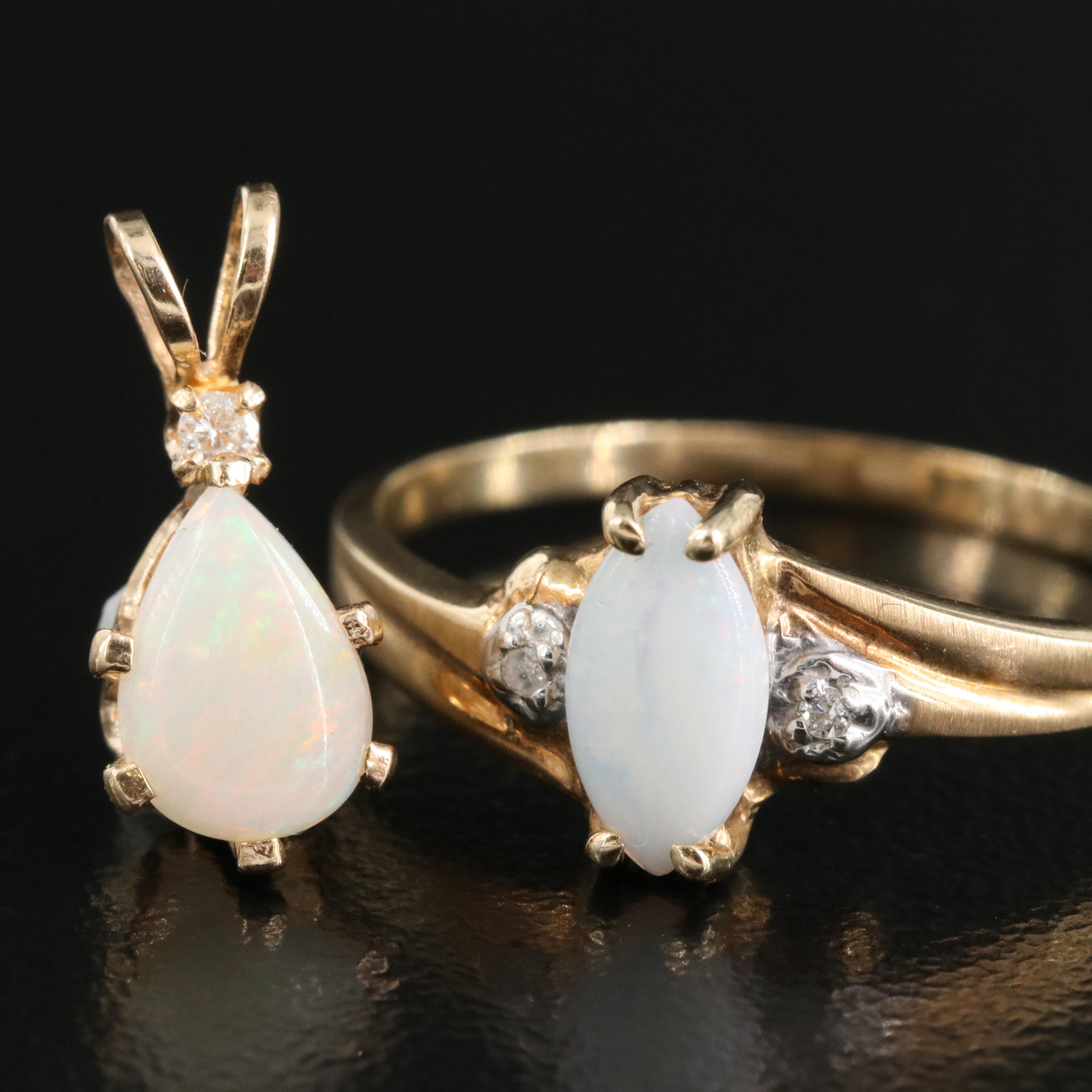 14K Opal and Diamond Pendant Paired with 10K Opal and Diamond Ring