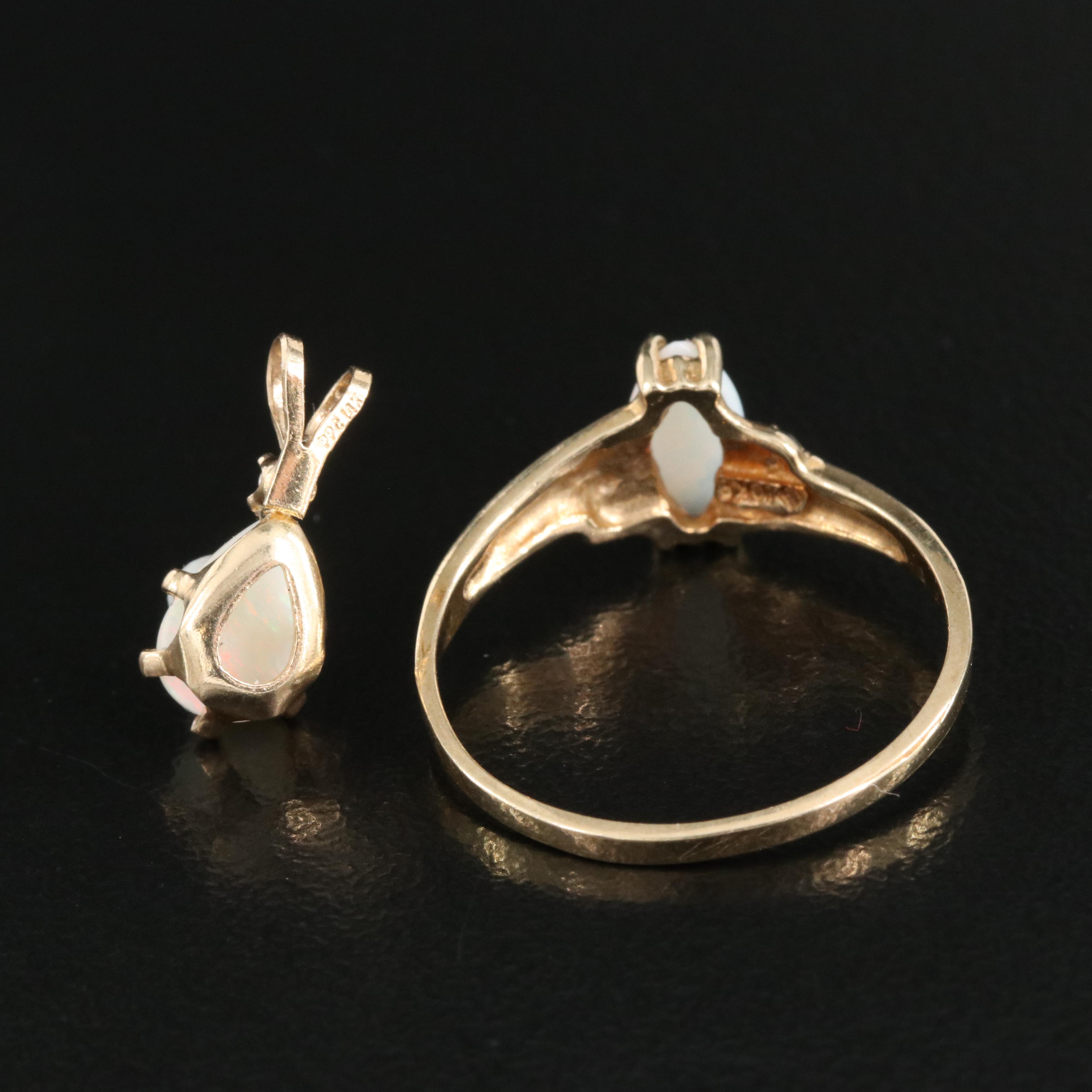 14K Opal and Diamond Pendant Paired with 10K Opal and Diamond Ring