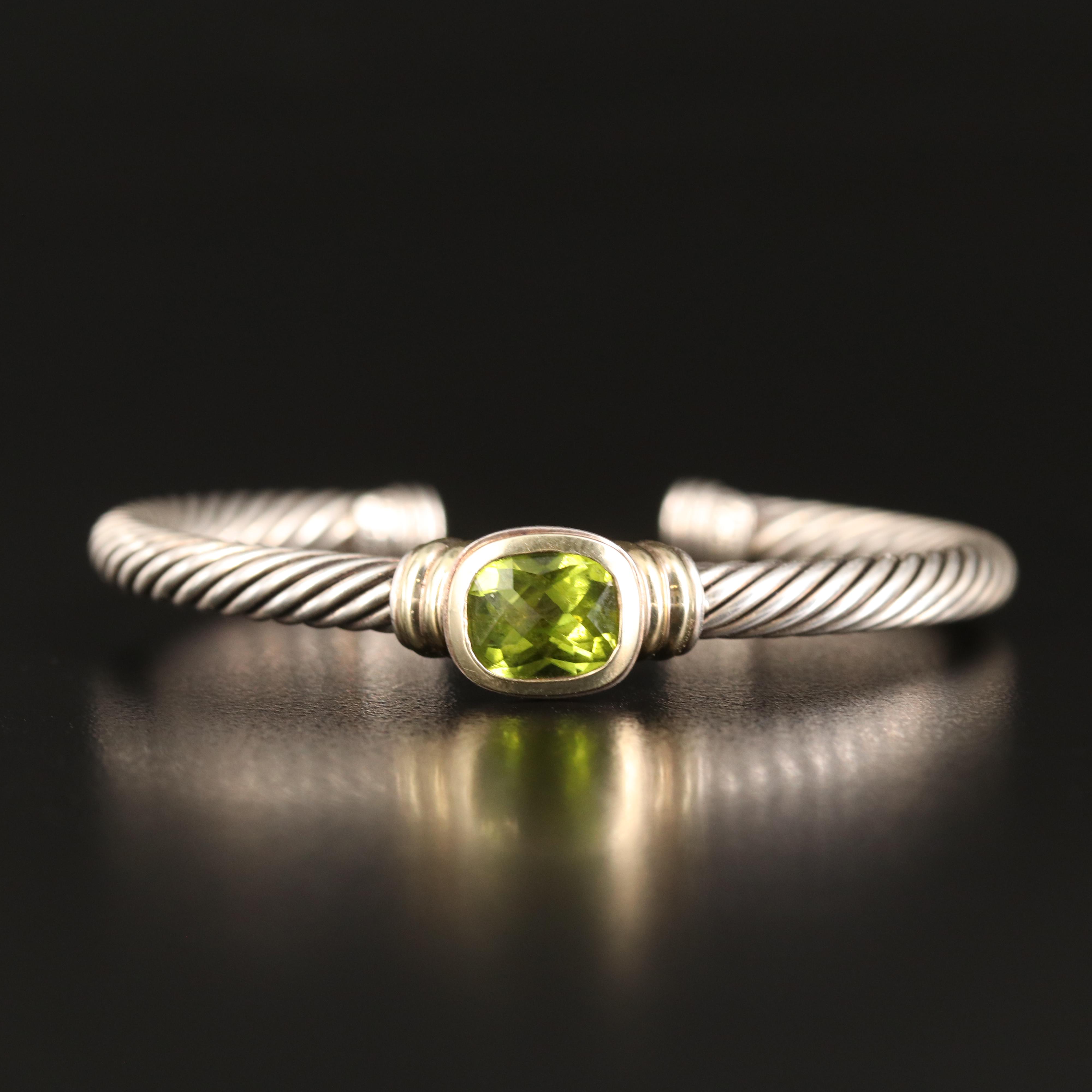 David Yurman Peridot Cable Cuff in Sterling with 14K Accents