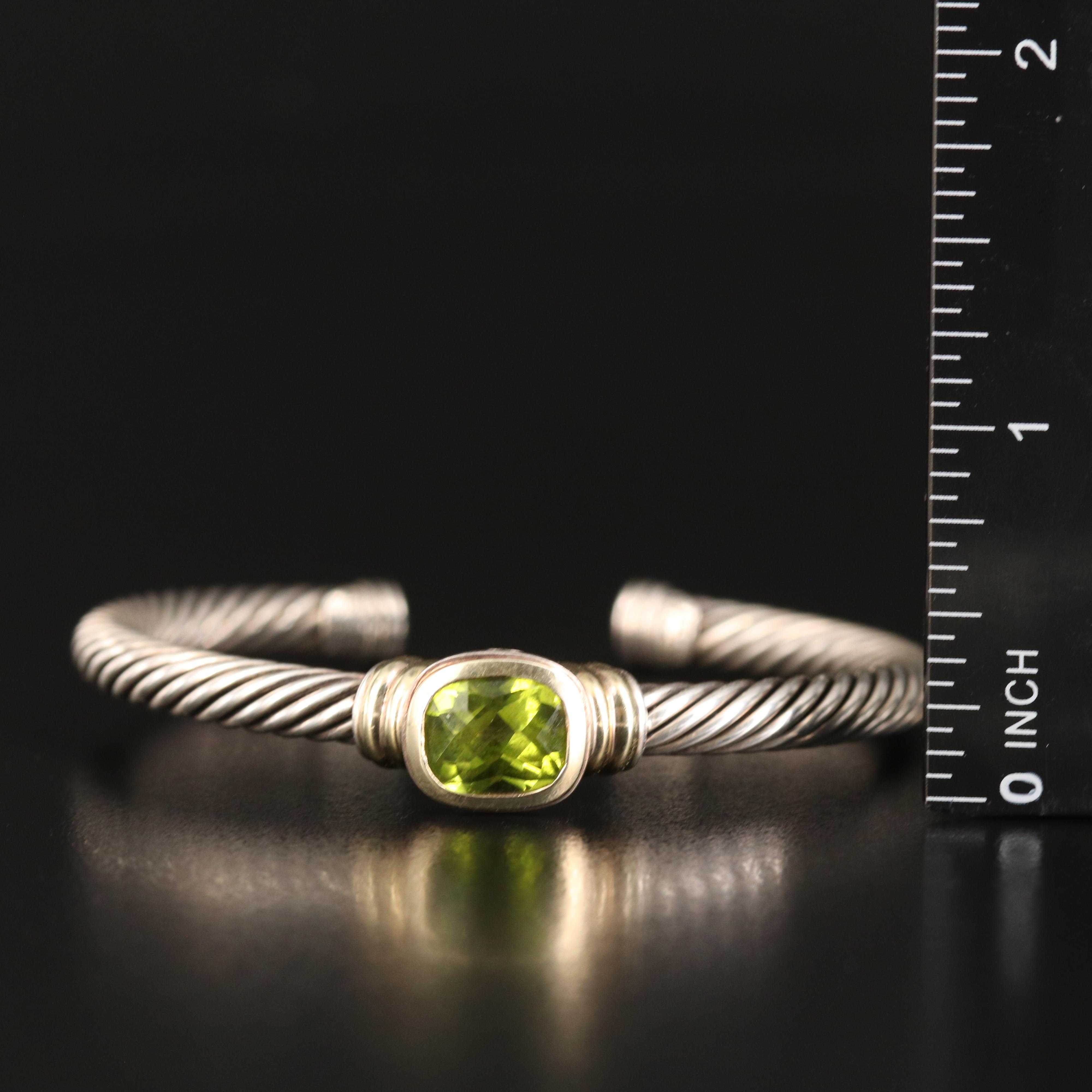 David Yurman Peridot Cable Cuff in Sterling with 14K Accents