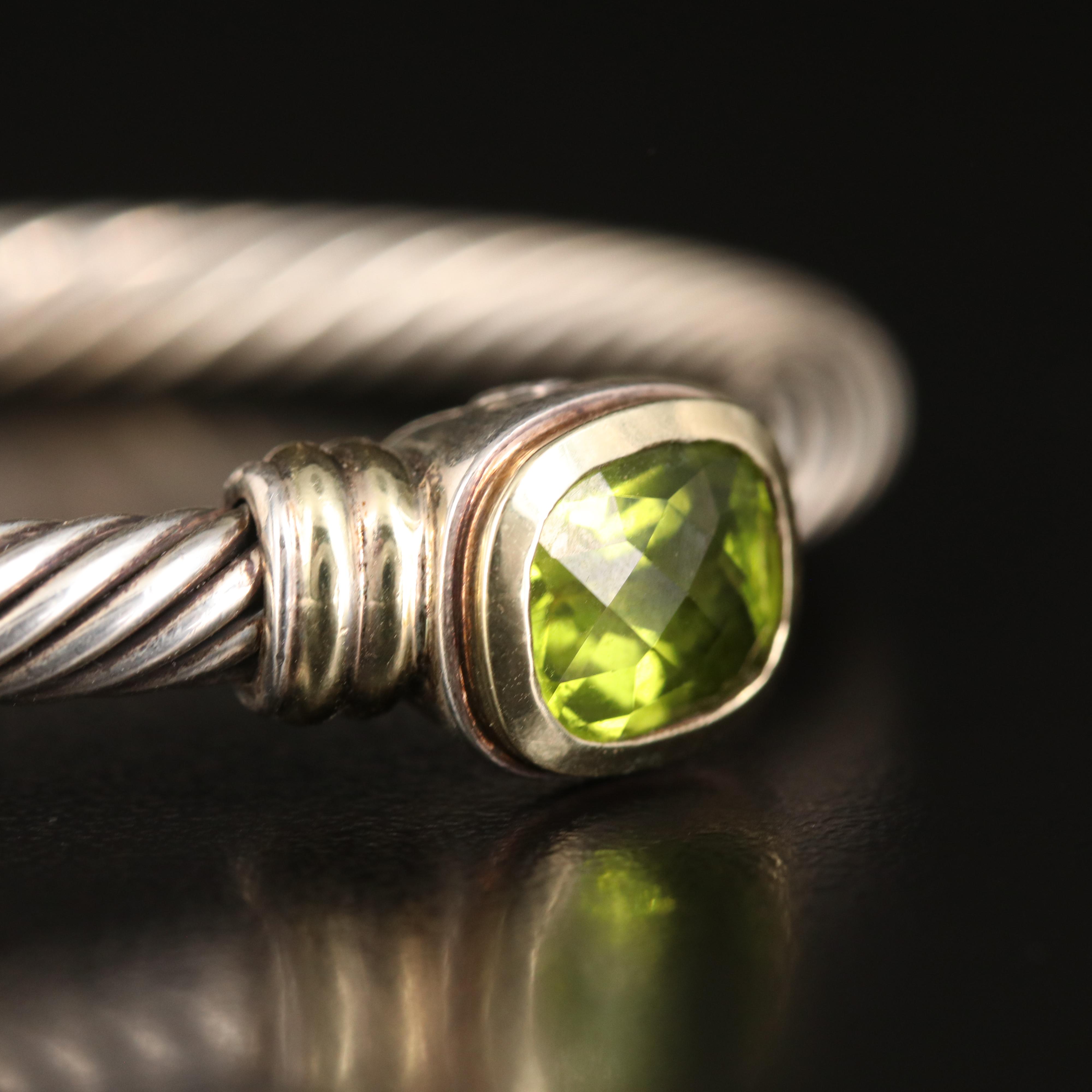 David Yurman Peridot Cable Cuff in Sterling with 14K Accents
