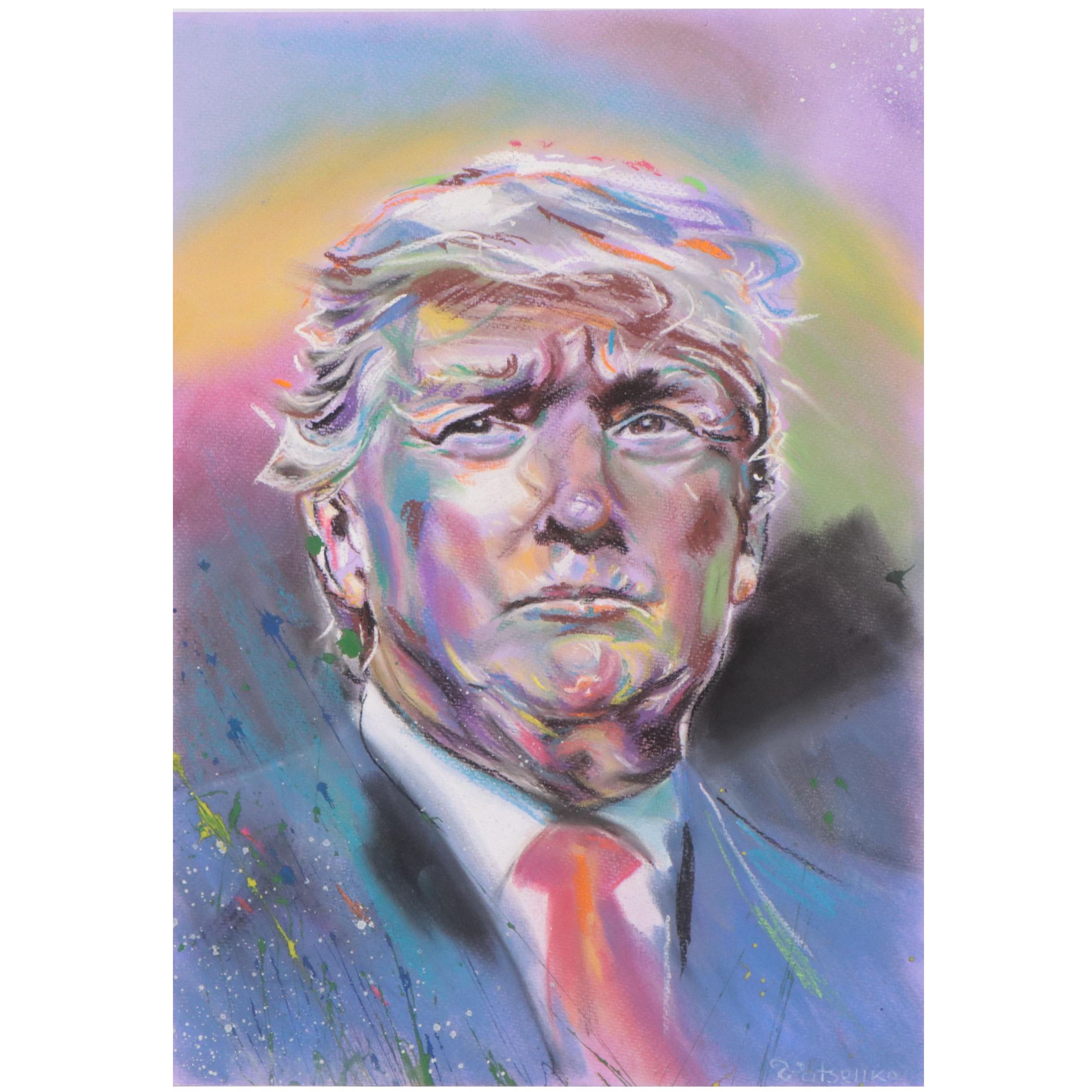 Pastel and Gouache Portrait of Donald Trump, 21st Century