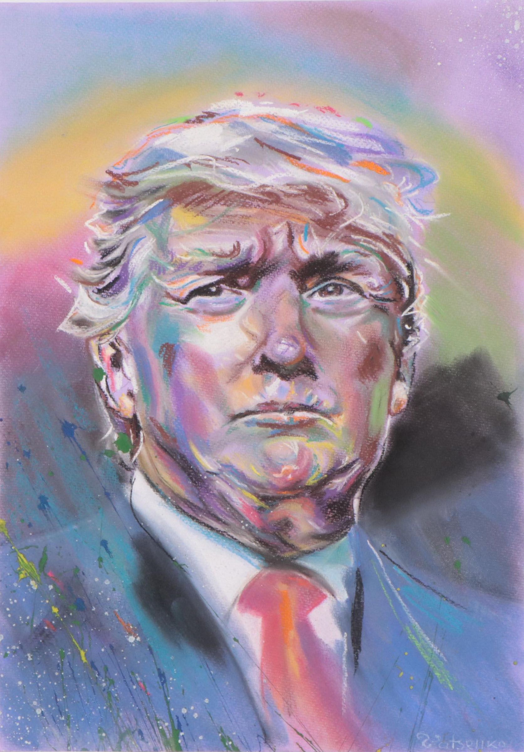 Pastel and Gouache Portrait of Donald Trump, 21st Century