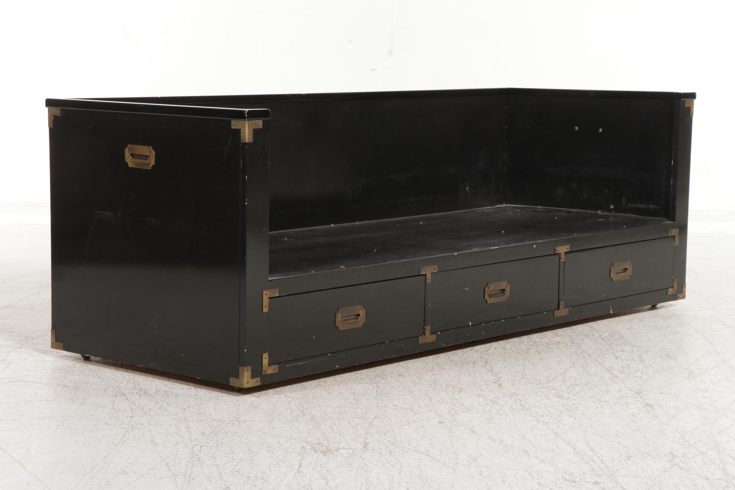 Campaign Style Ebonized Wood Daybed Sofa with Drawers, Late 20th Century