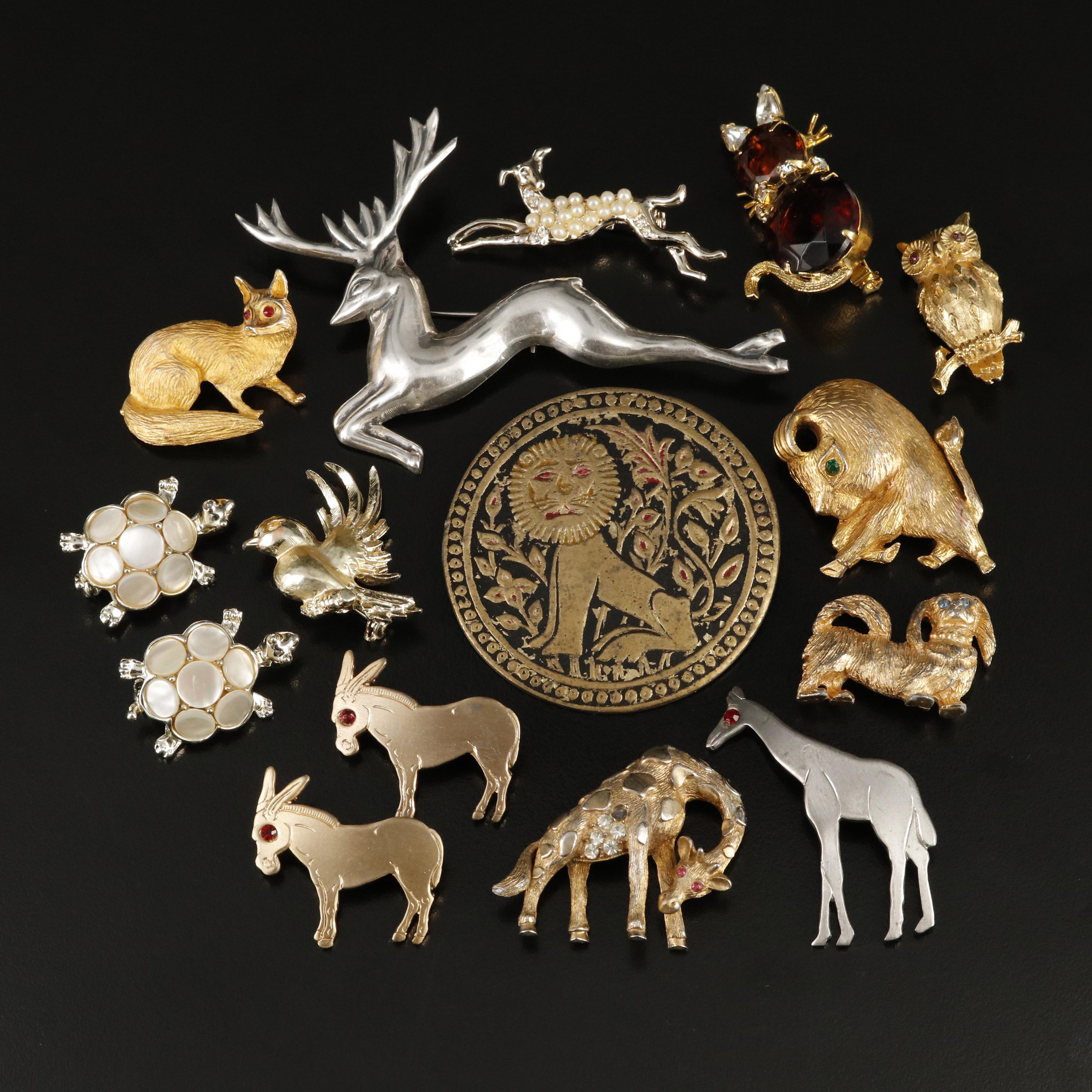 Vintage Animal Brooch Collection Including Sterling and Mother-of-Pearl