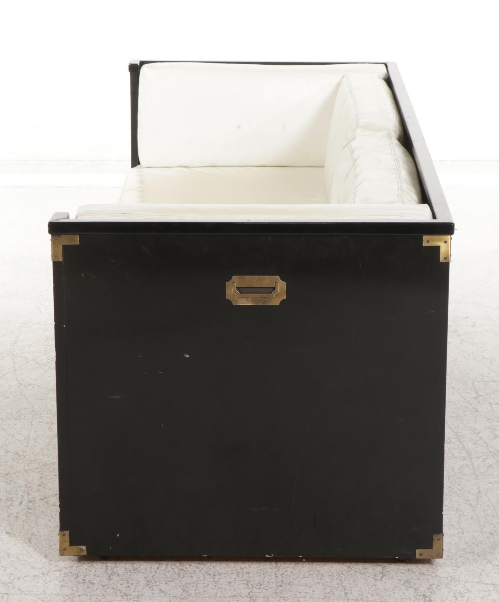 Campaign Style Ebonized Wood Daybed Sofa with Drawers, Late 20th Century