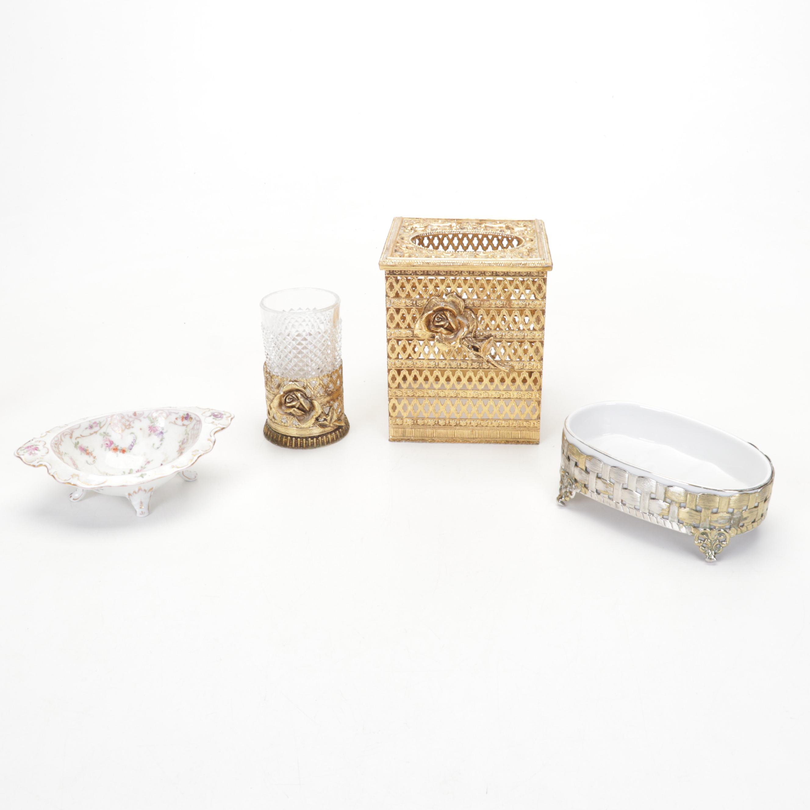 Dresden Porcelain Dish with Vanity Accessories and Stained Glass Hand Mirror