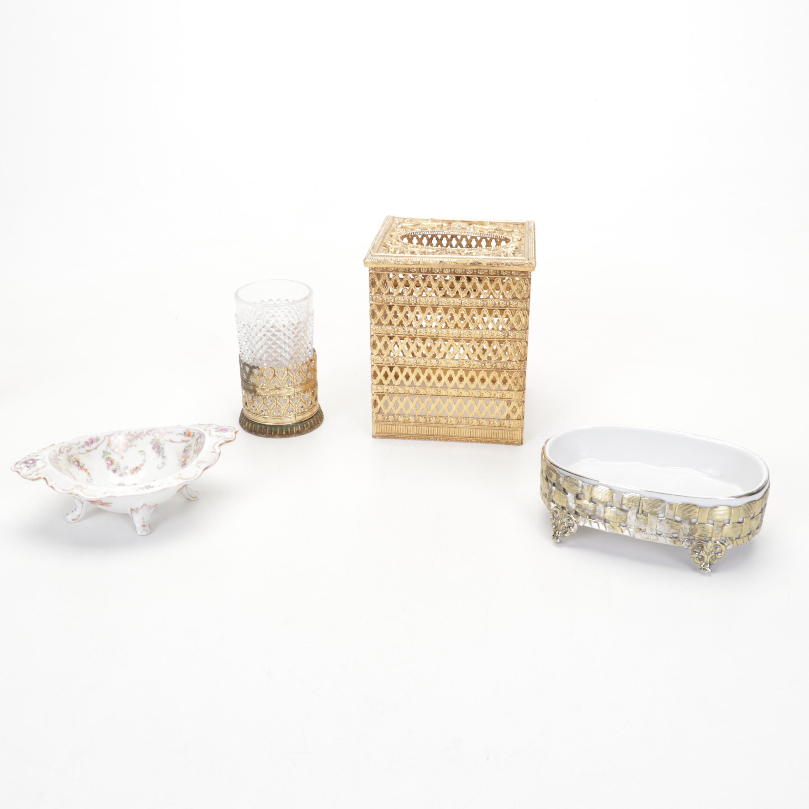 Dresden Porcelain Dish with Vanity Accessories and Stained Glass Hand Mirror