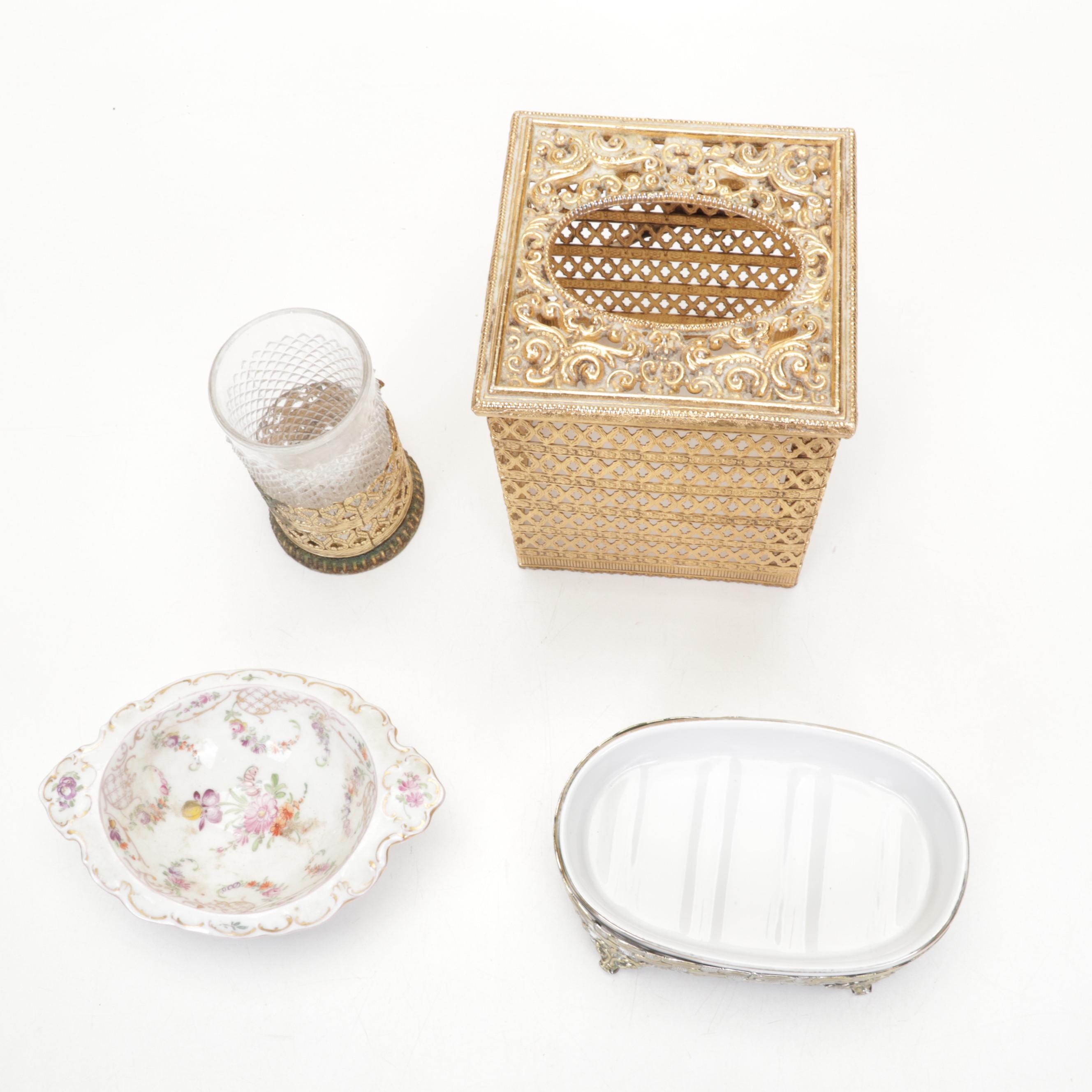 Dresden Porcelain Dish with Vanity Accessories and Stained Glass Hand Mirror