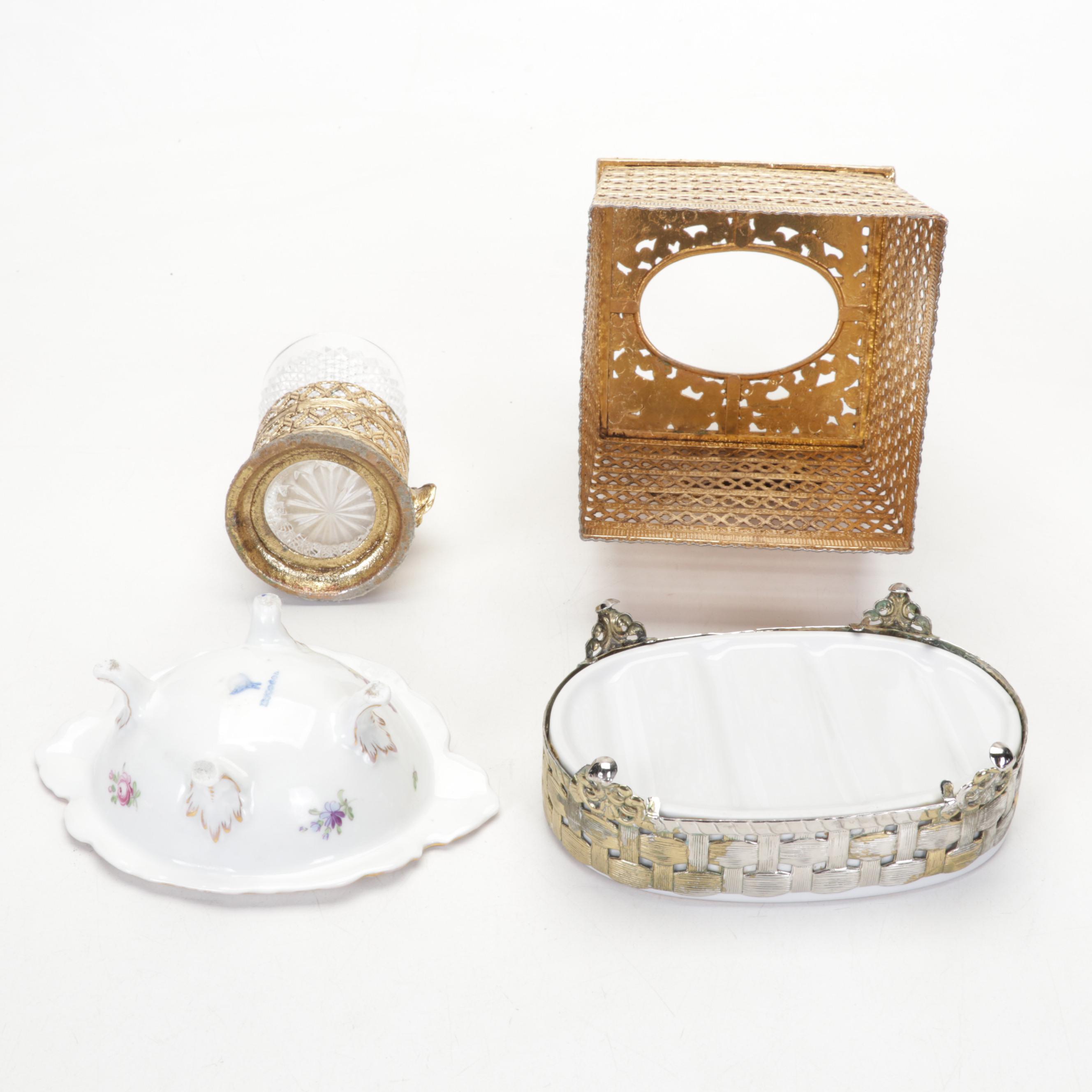 Dresden Porcelain Dish with Vanity Accessories and Stained Glass Hand Mirror