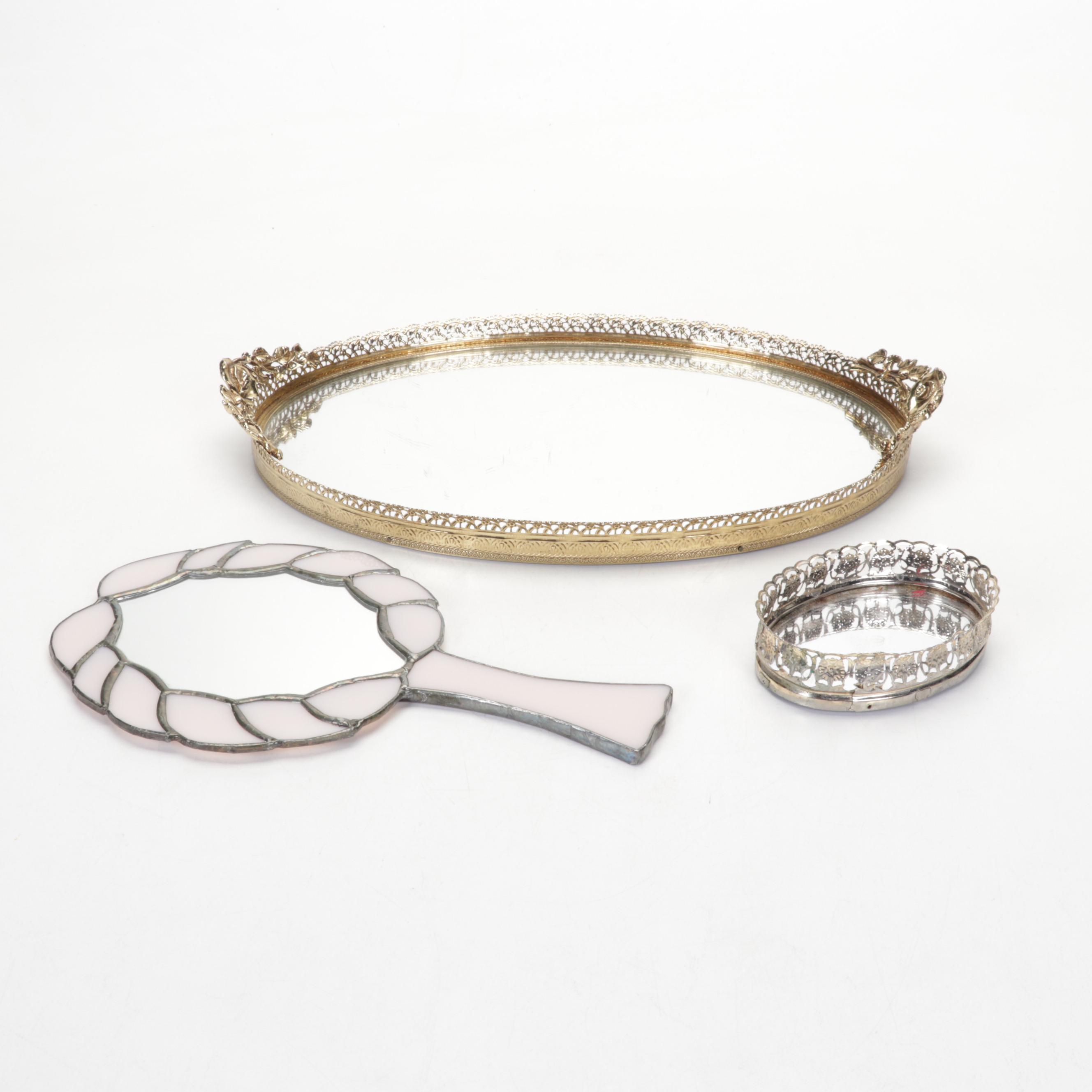 Dresden Porcelain Dish with Vanity Accessories and Stained Glass Hand Mirror