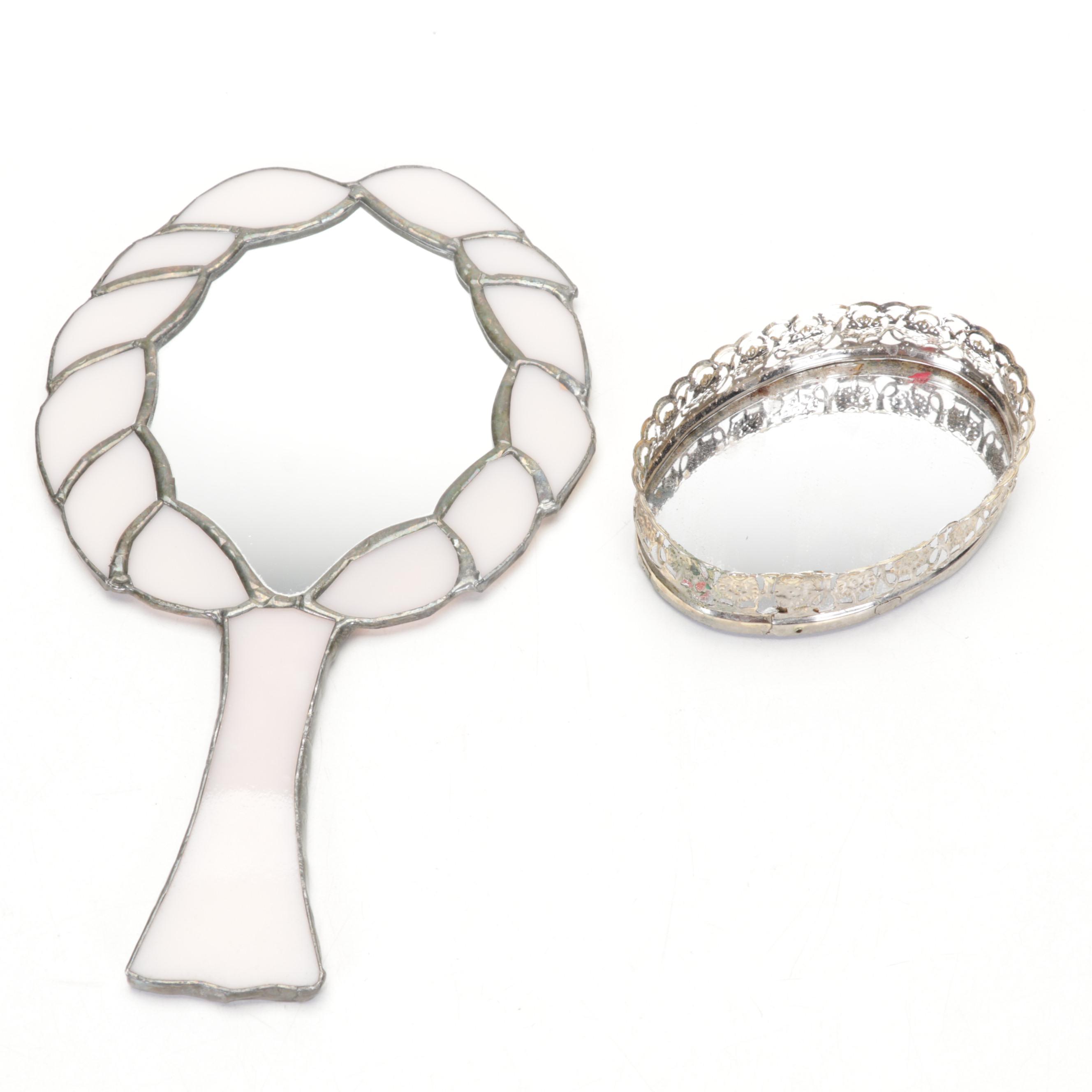 Dresden Porcelain Dish with Vanity Accessories and Stained Glass Hand Mirror