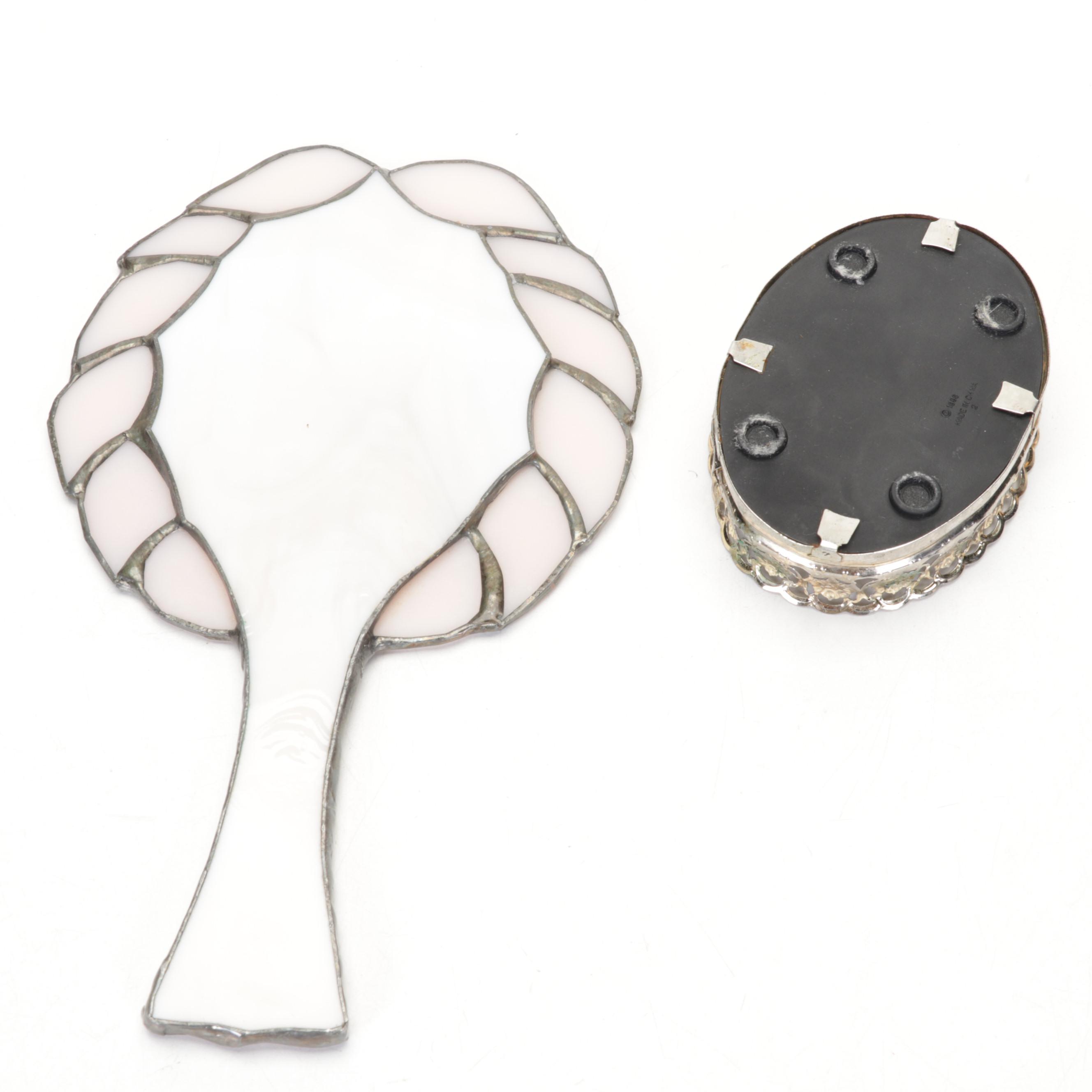 Dresden Porcelain Dish with Vanity Accessories and Stained Glass Hand Mirror