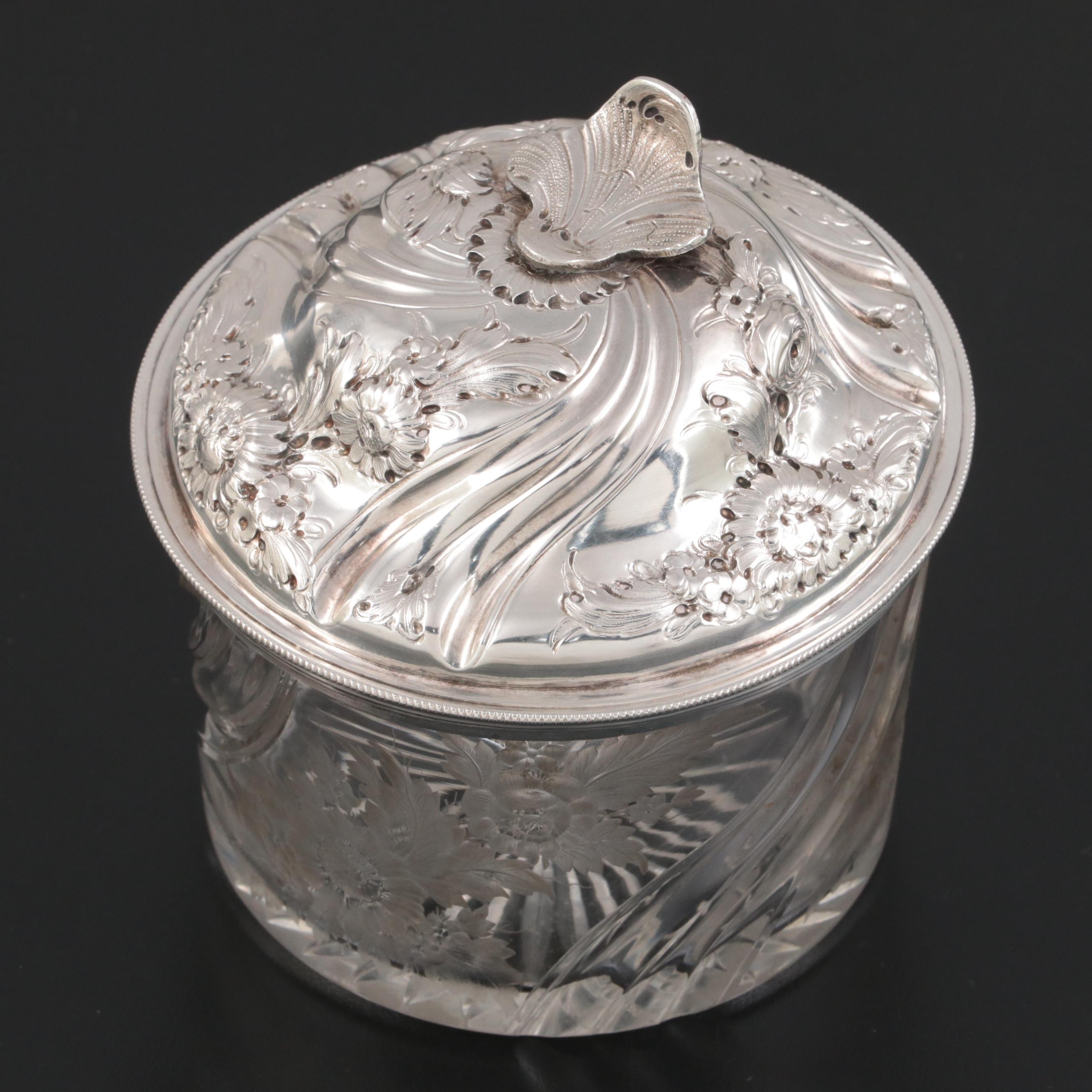 French Rococo Style Sterling Silver and Engraved Glass Vanity Jar, Late 19th C.