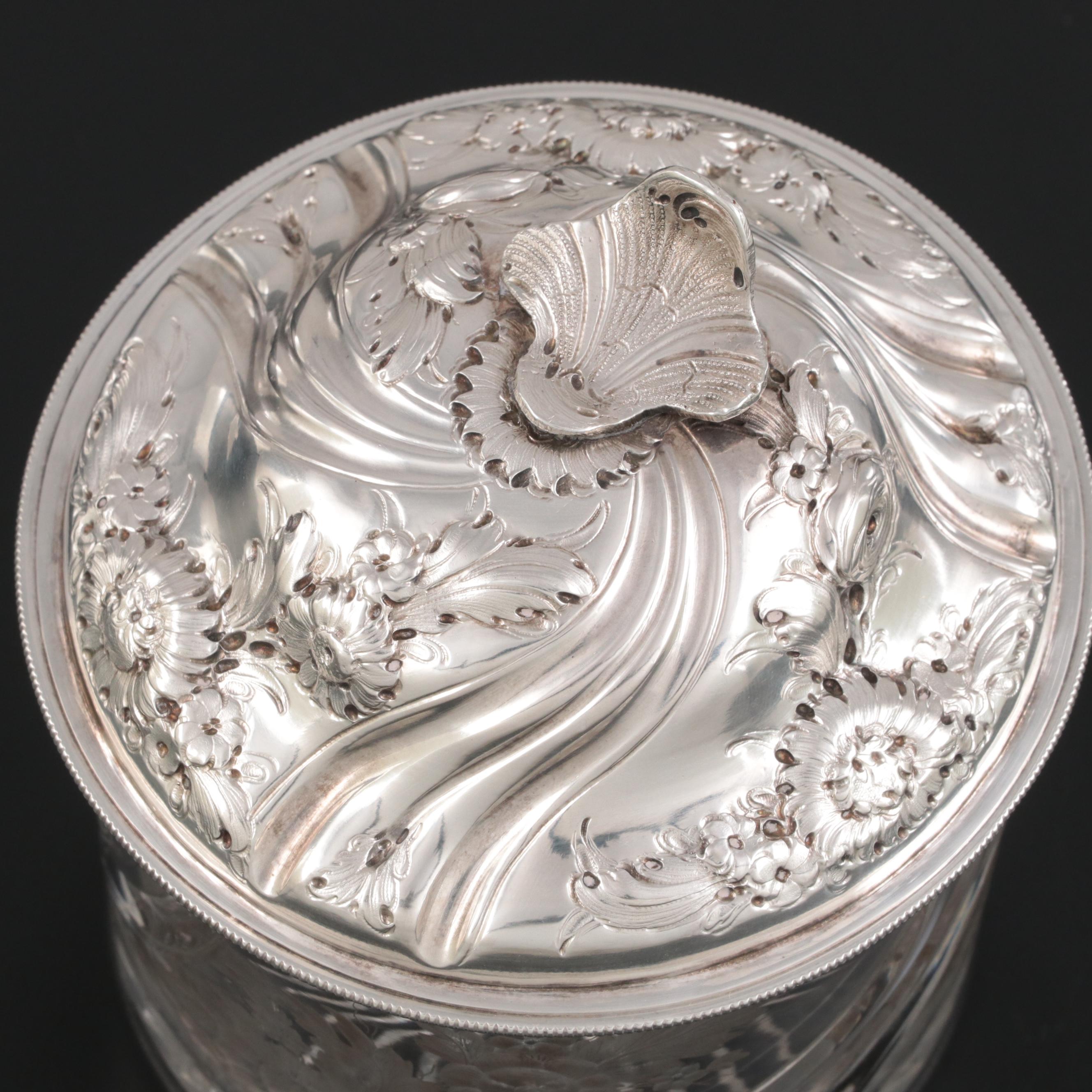 French Rococo Style Sterling Silver and Engraved Glass Vanity Jar, Late 19th C.