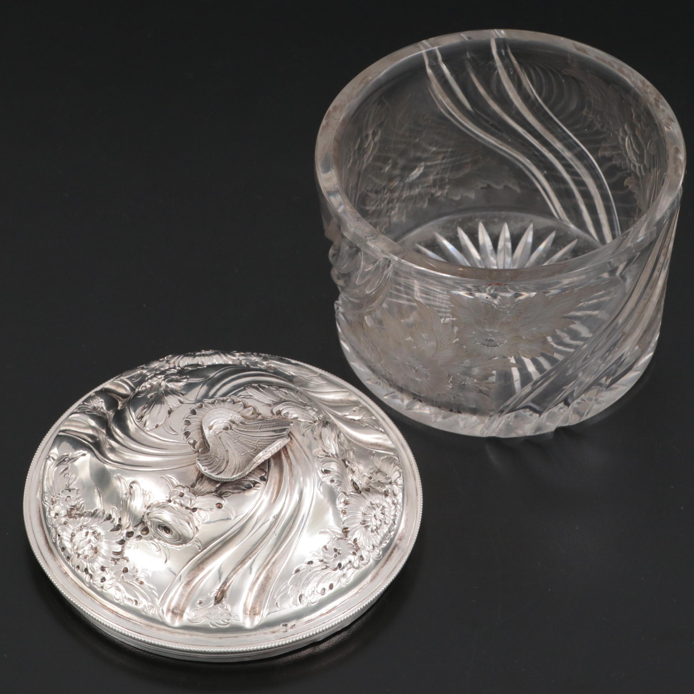French Rococo Style Sterling Silver and Engraved Glass Vanity Jar, Late 19th C.