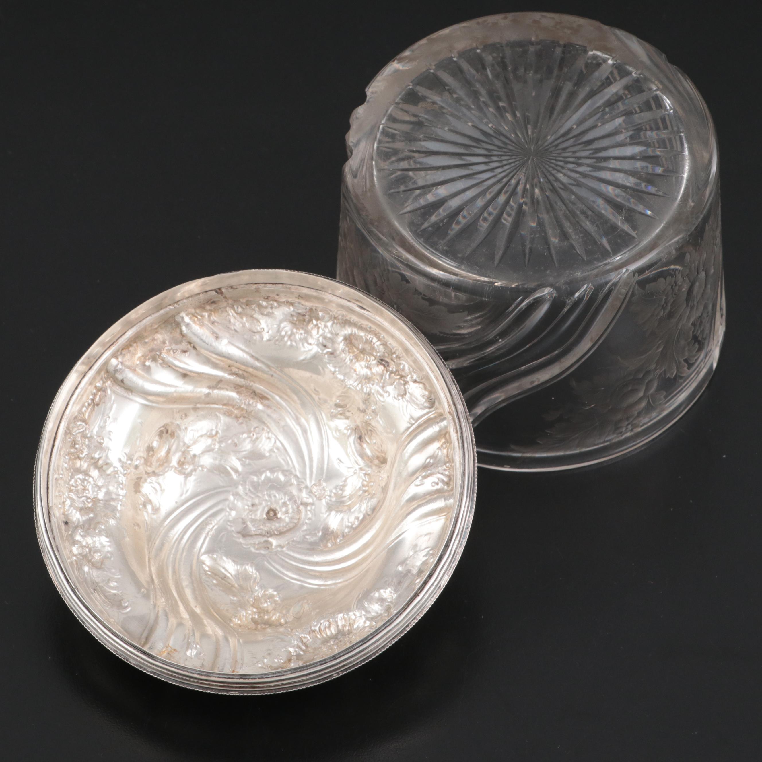 French Rococo Style Sterling Silver and Engraved Glass Vanity Jar, Late 19th C.