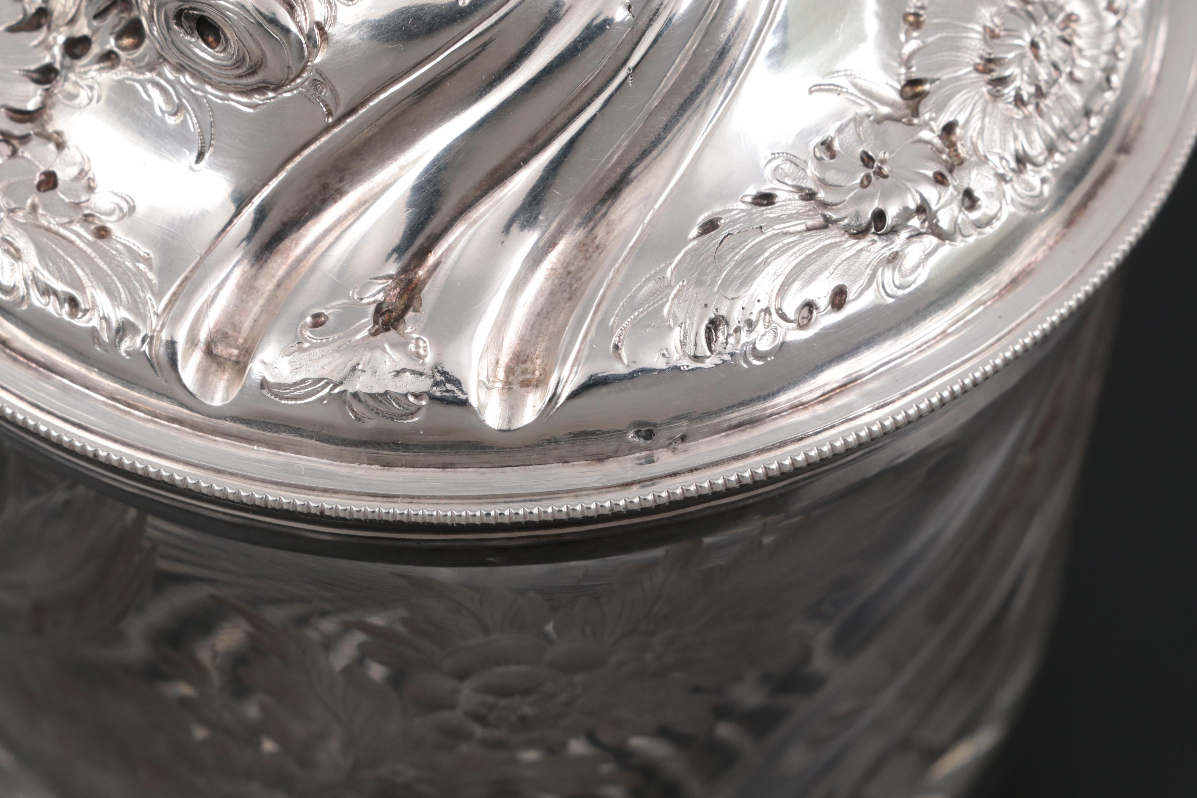 French Rococo Style Sterling Silver and Engraved Glass Vanity Jar, Late 19th C.