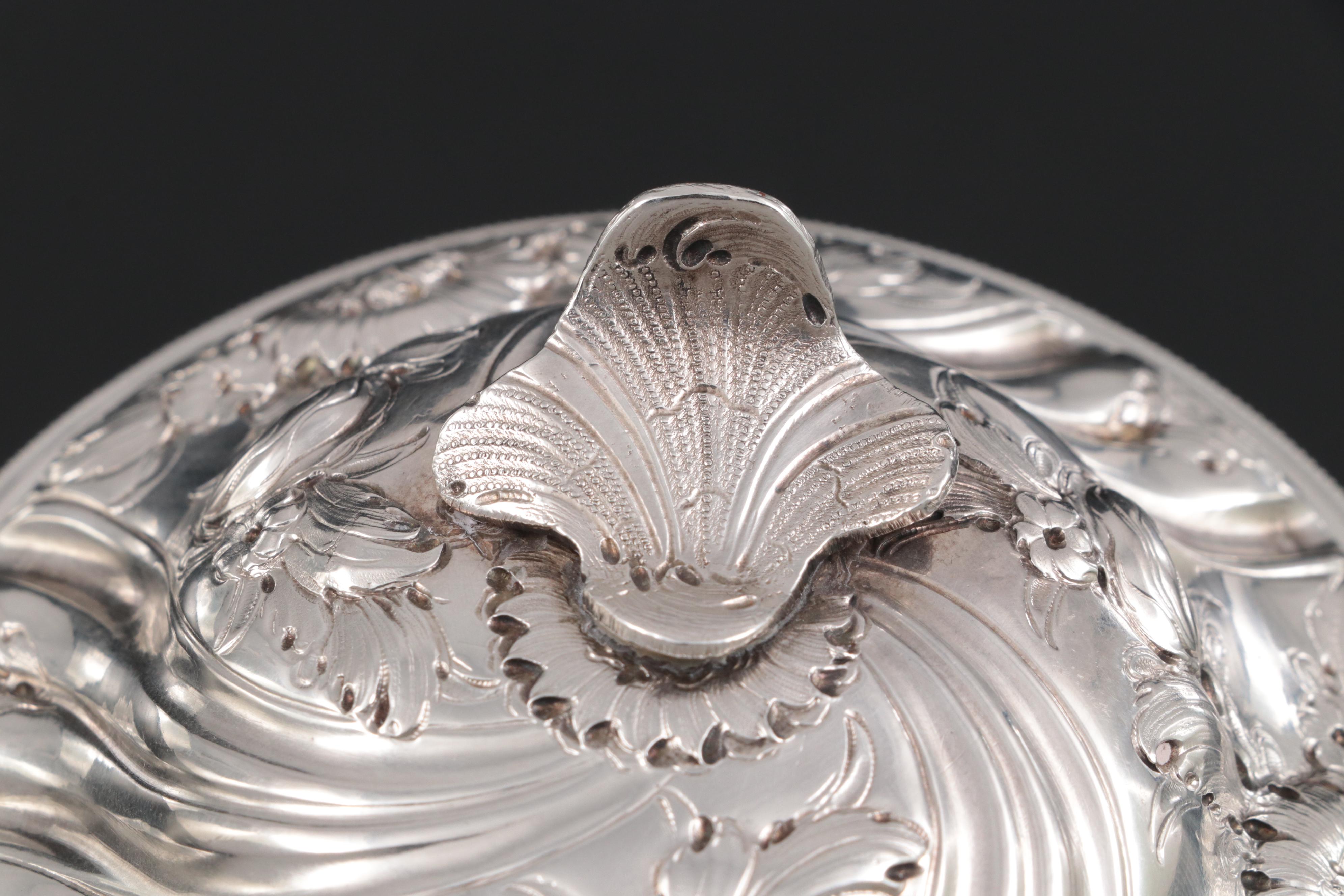French Rococo Style Sterling Silver and Engraved Glass Vanity Jar, Late 19th C.
