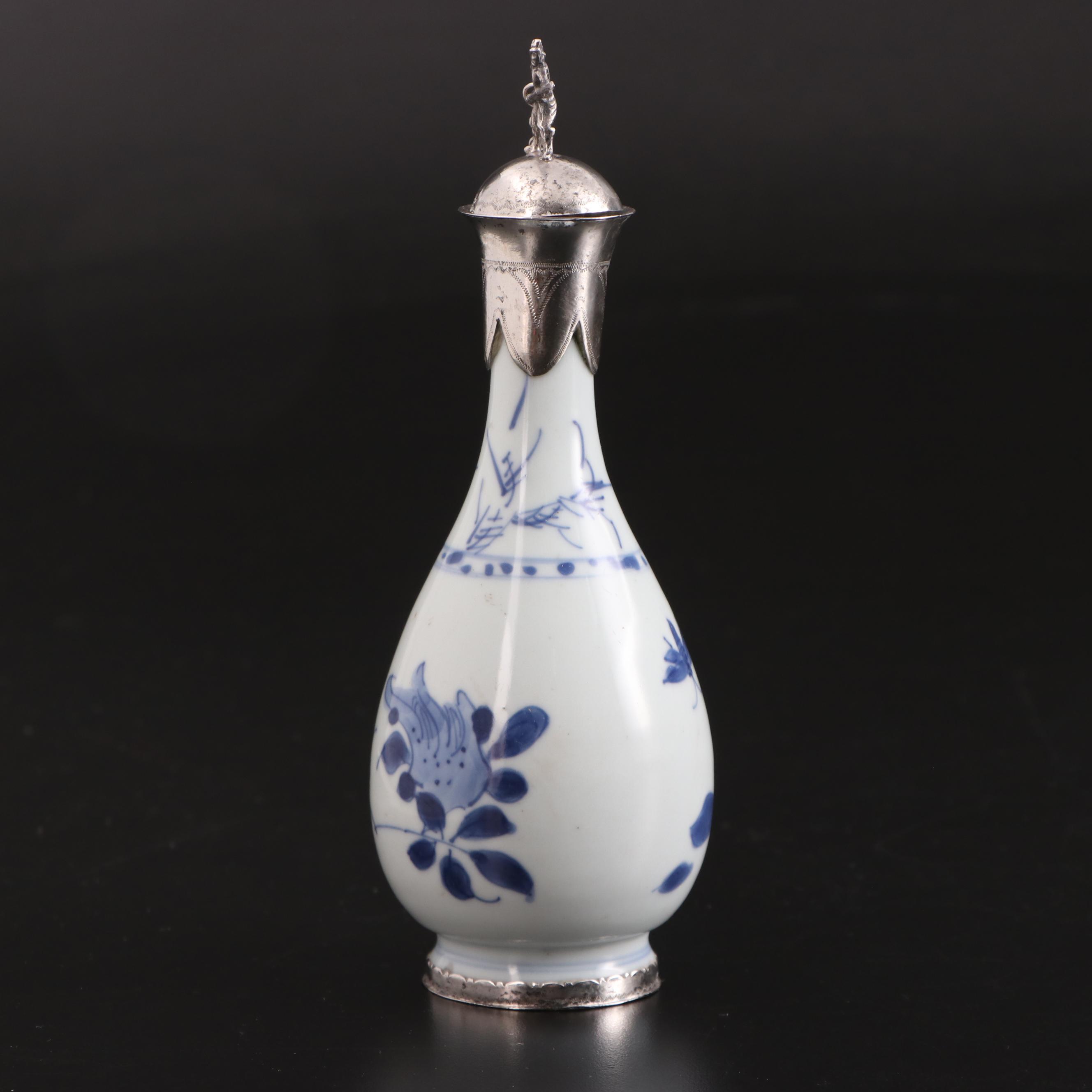 Dutch 800 Silver Mounted Chinese Blue and White Porcelain Bottle Vase, 19th C.