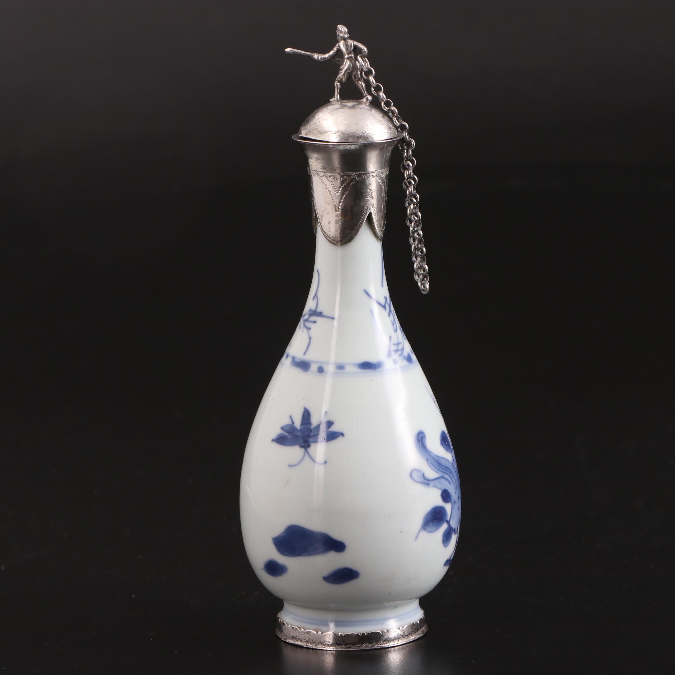 Dutch 800 Silver Mounted Chinese Blue and White Porcelain Bottle Vase, 19th C.