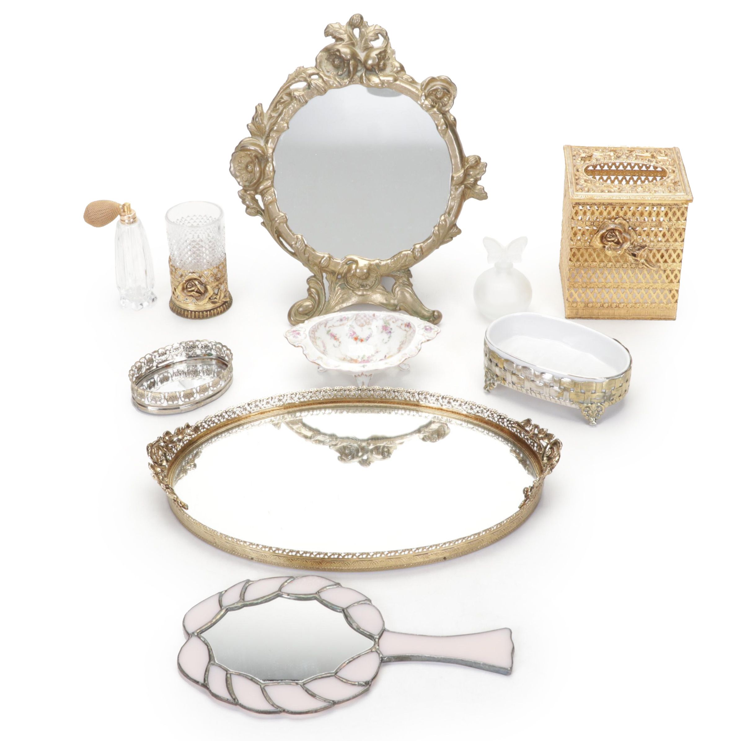 Dresden Porcelain Dish with Vanity Accessories and Stained Glass Hand Mirror