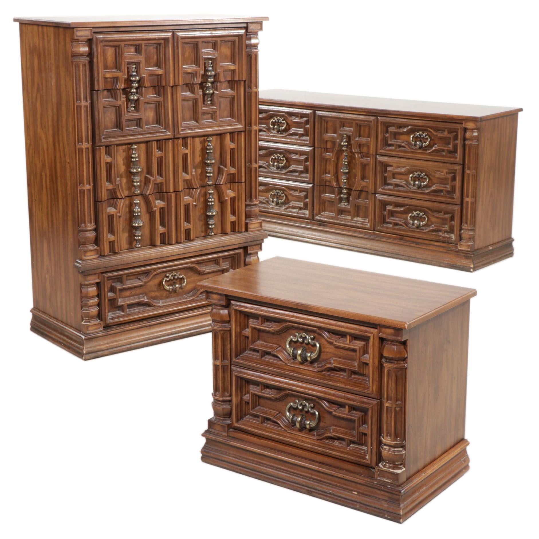 Spanish Baroque Style Dresser, Chest and Nightstand, Late 20th Century