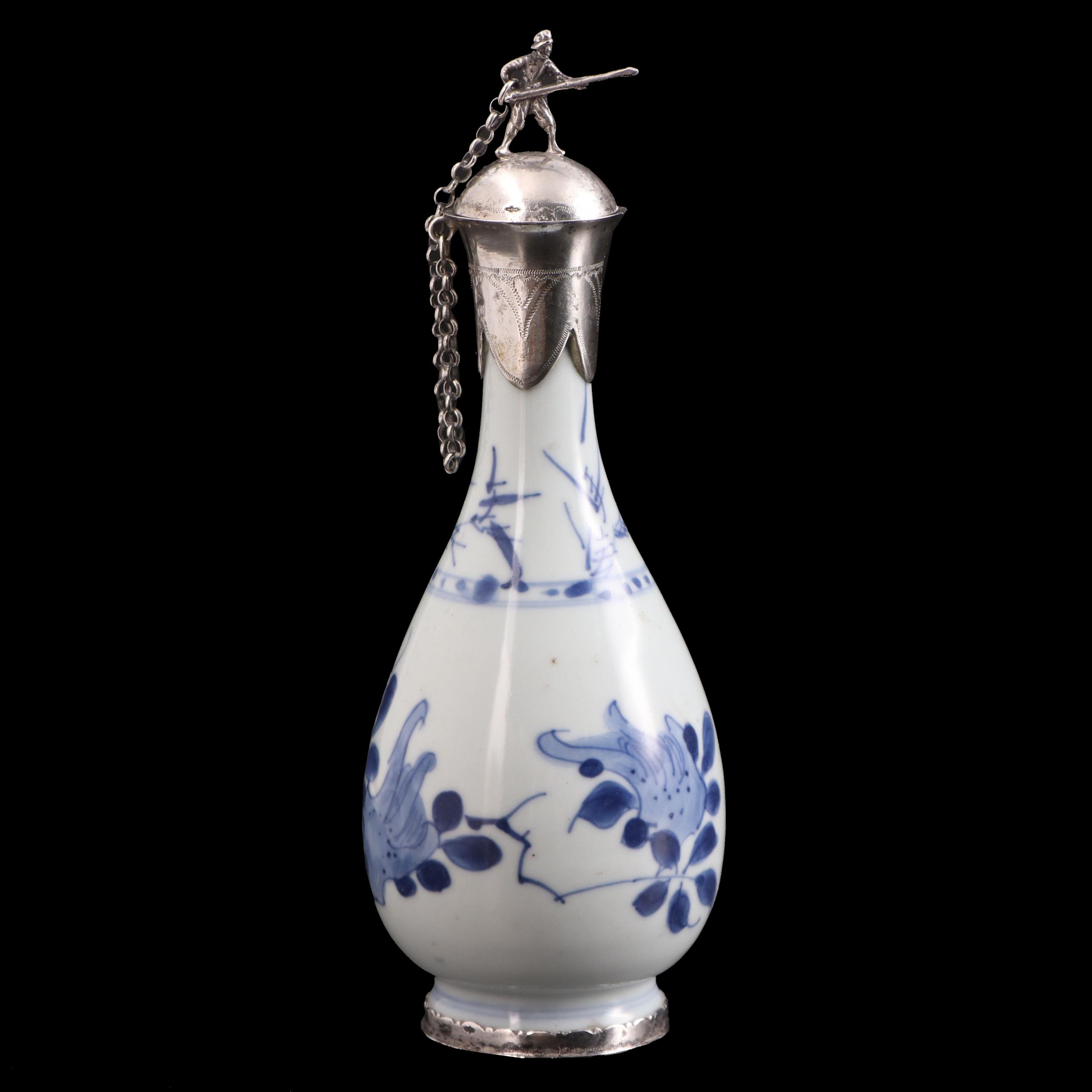 Dutch 800 Silver Mounted Chinese Blue and White Porcelain Bottle Vase, 19th C.
