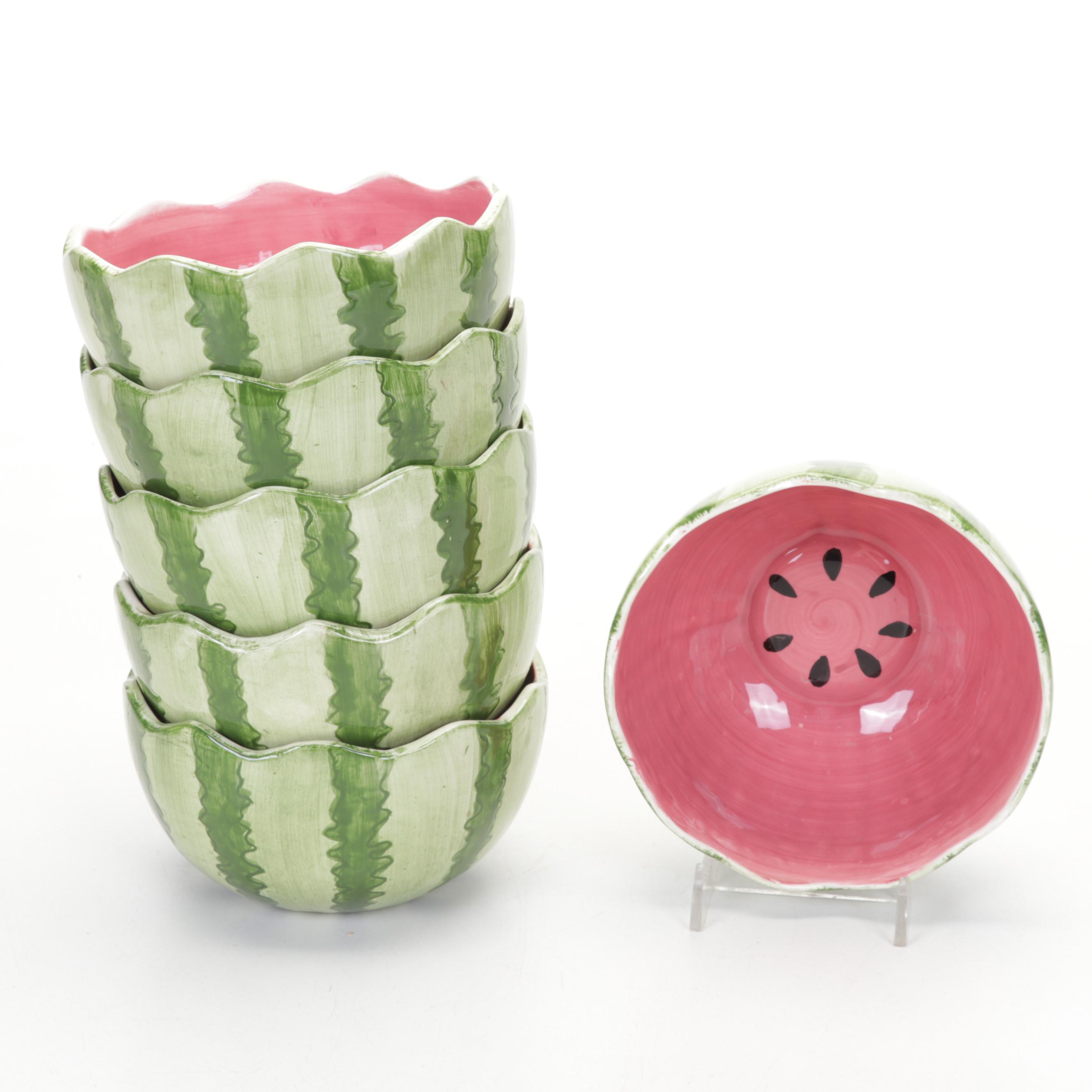 Blush Pink and Emerald Green Wine Glasses With Ceramic Watermelon Salad Set