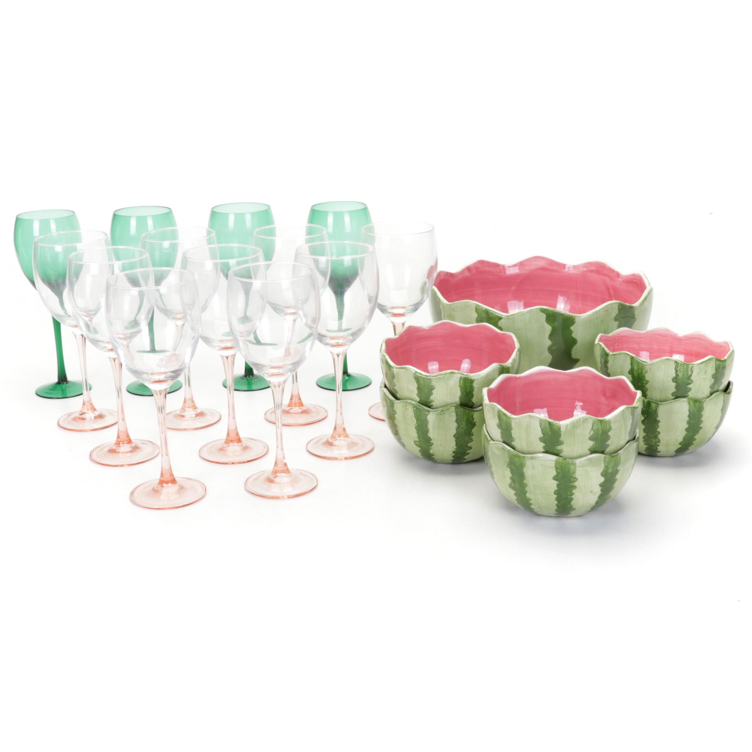 Blush Pink and Emerald Green Wine Glasses With Ceramic Watermelon Salad Set