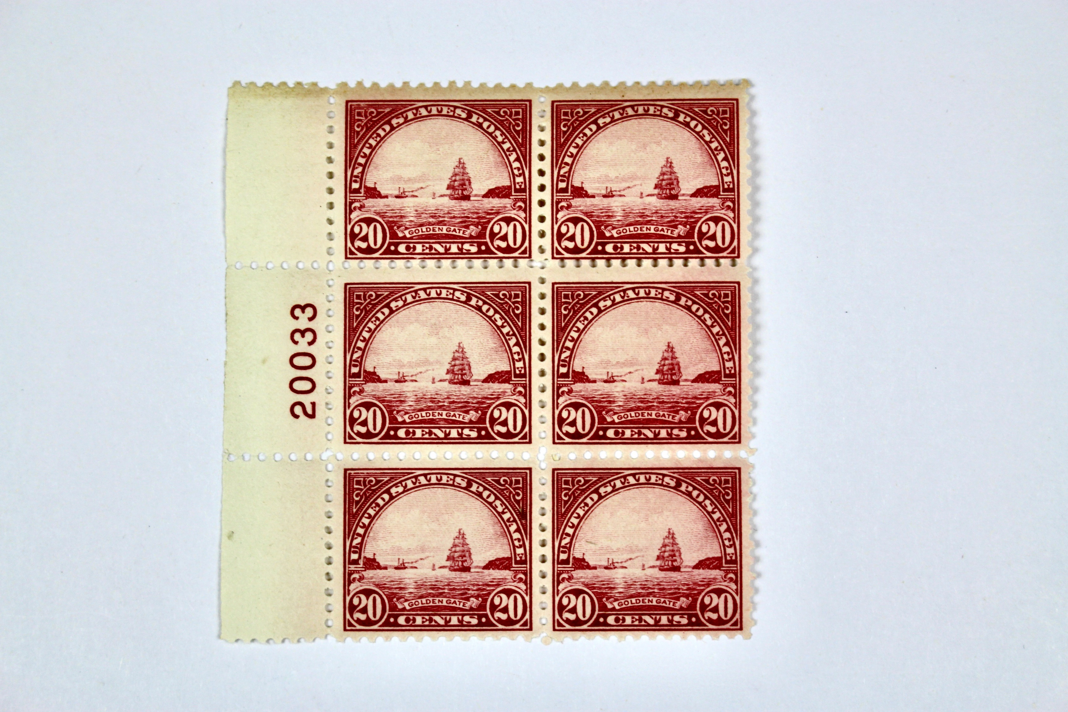 Mint Never Hinged 1923 20-Cent Golden Gate Plate Block, Scott #567