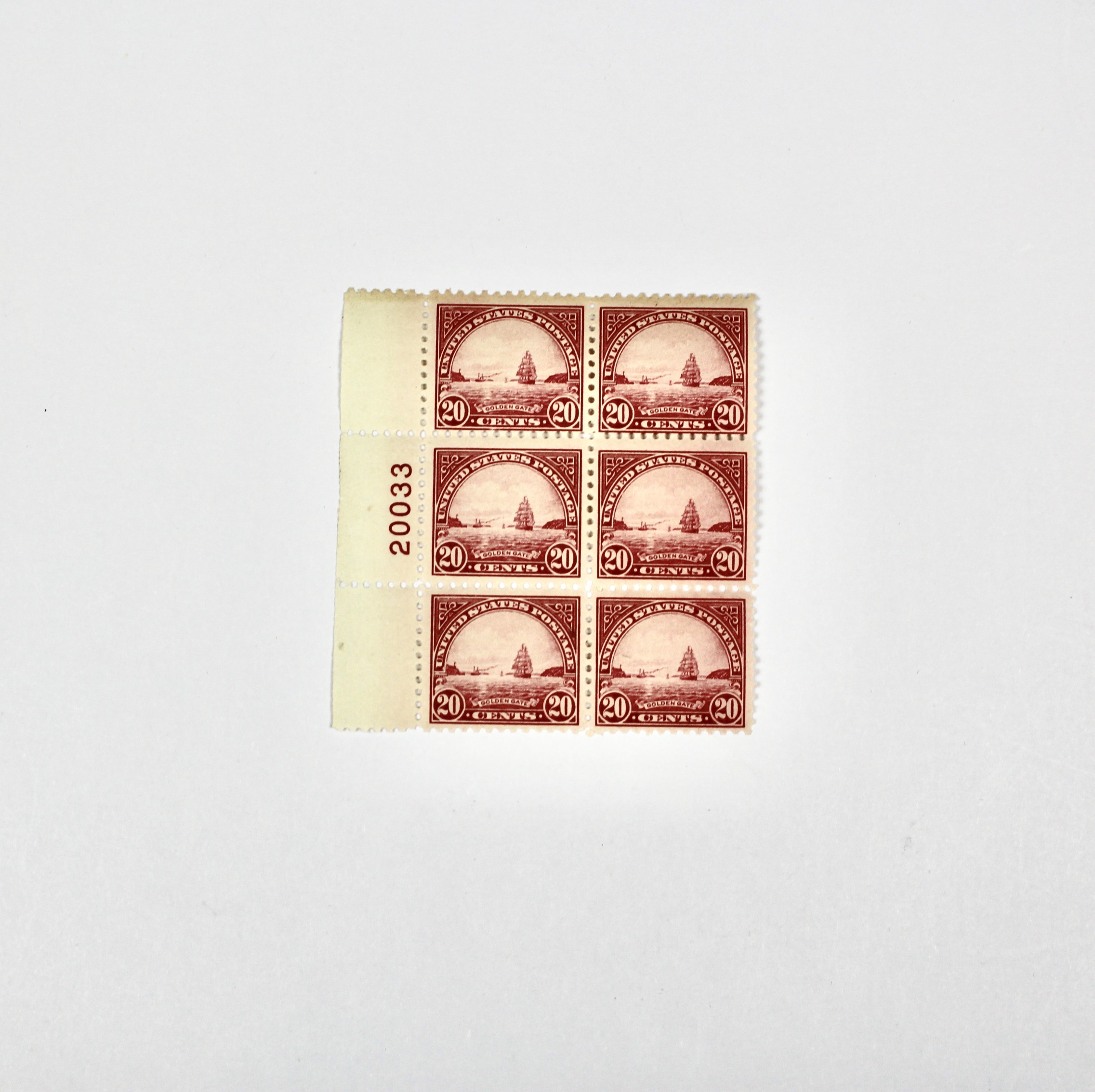 Mint Never Hinged 1923 20-Cent Golden Gate Plate Block, Scott #567
