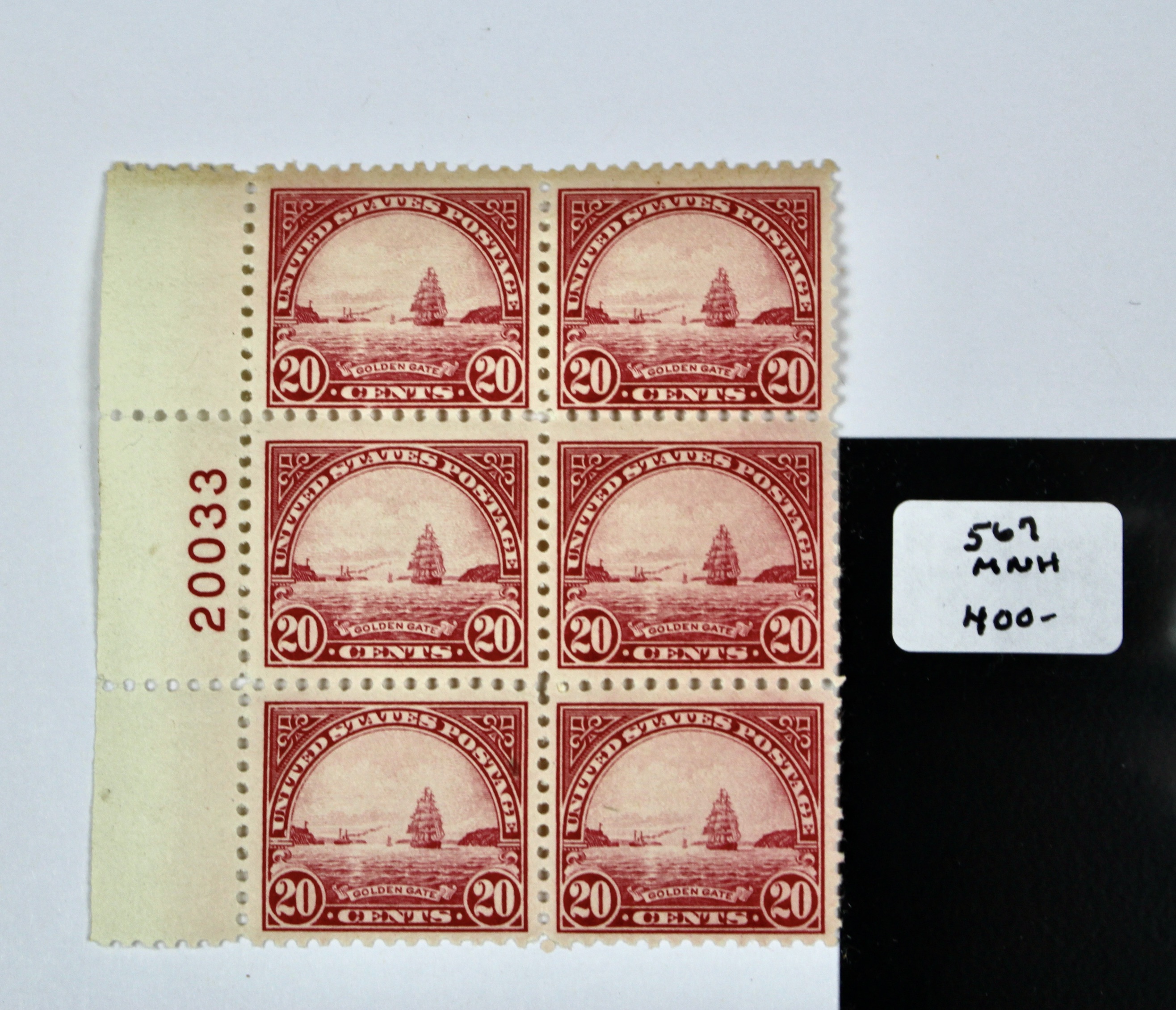 Mint Never Hinged 1923 20-Cent Golden Gate Plate Block, Scott #567