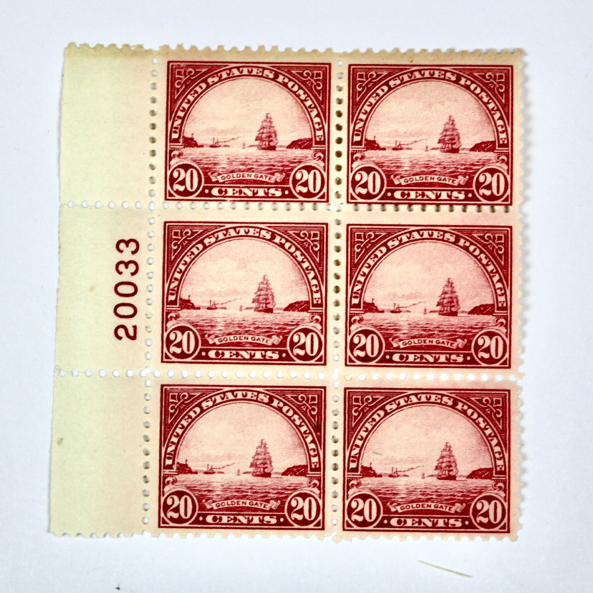 Mint Never Hinged 1923 20-Cent Golden Gate Plate Block, Scott #567