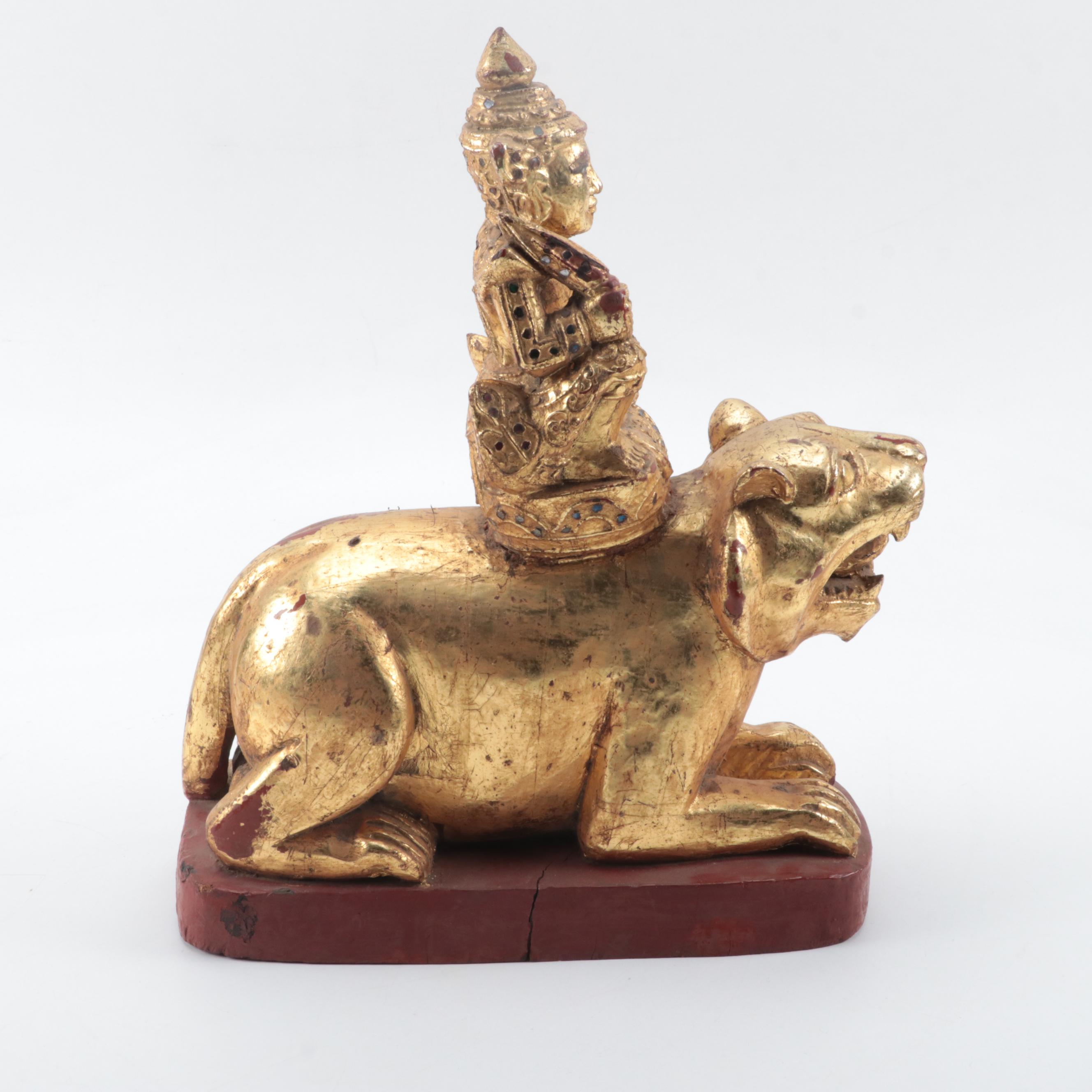 Burmese Mandalay Style Carved Wood Temple Figure, Mid-20th Century