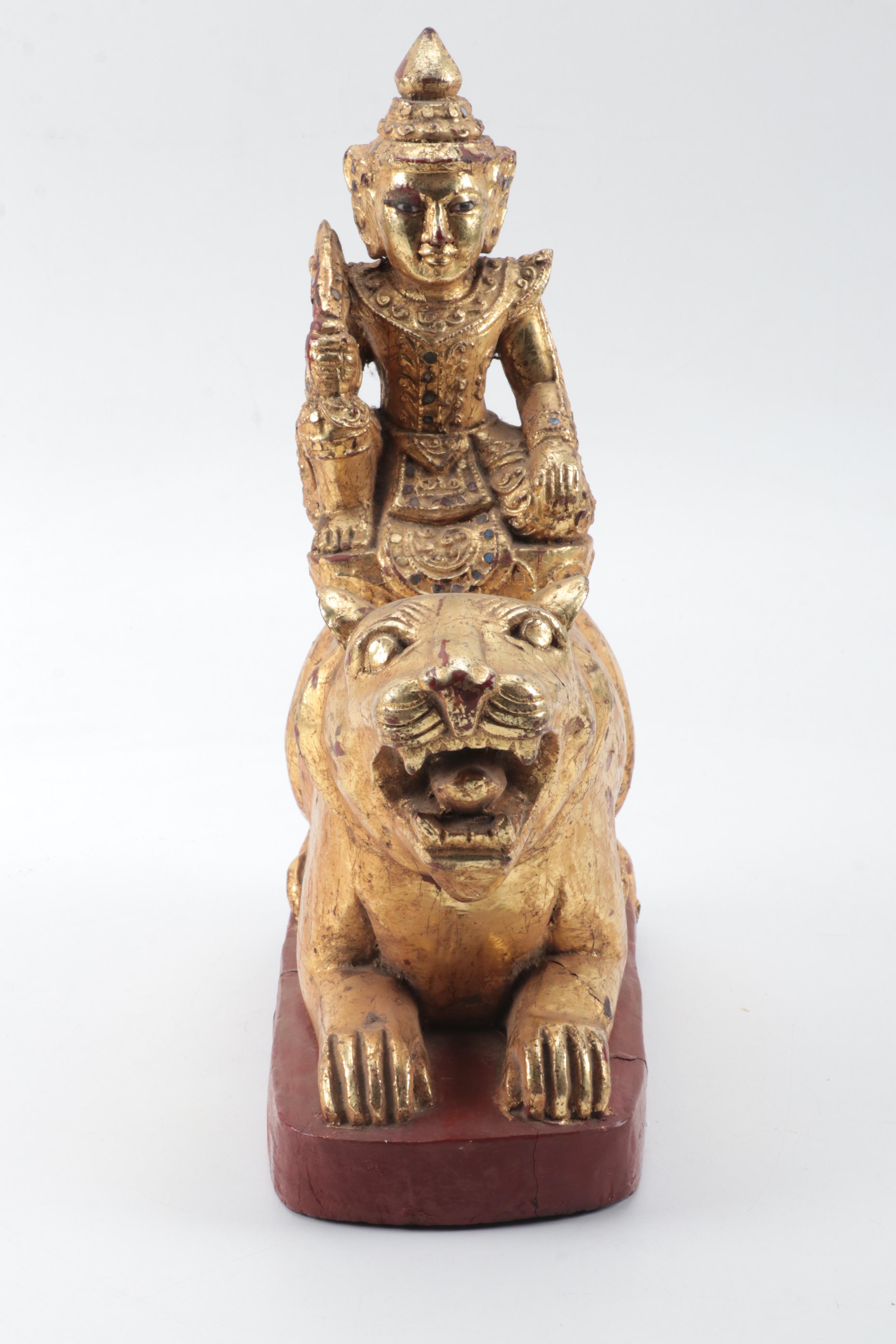Burmese Mandalay Style Carved Wood Temple Figure, Mid-20th Century